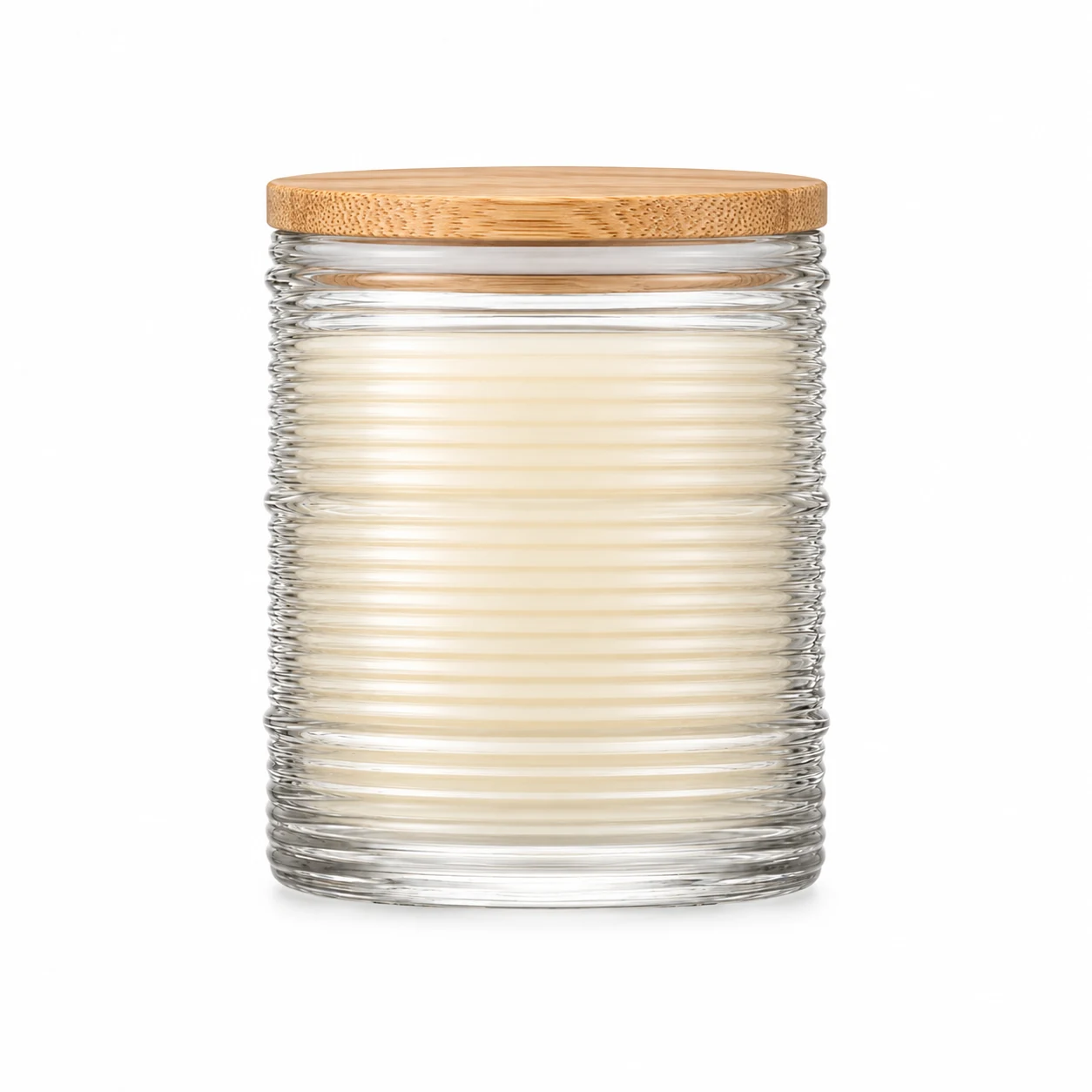 Horizontal Ribbed Glass Candle Jar (VSS-CJ-052) — candle application — bamboo lid closed