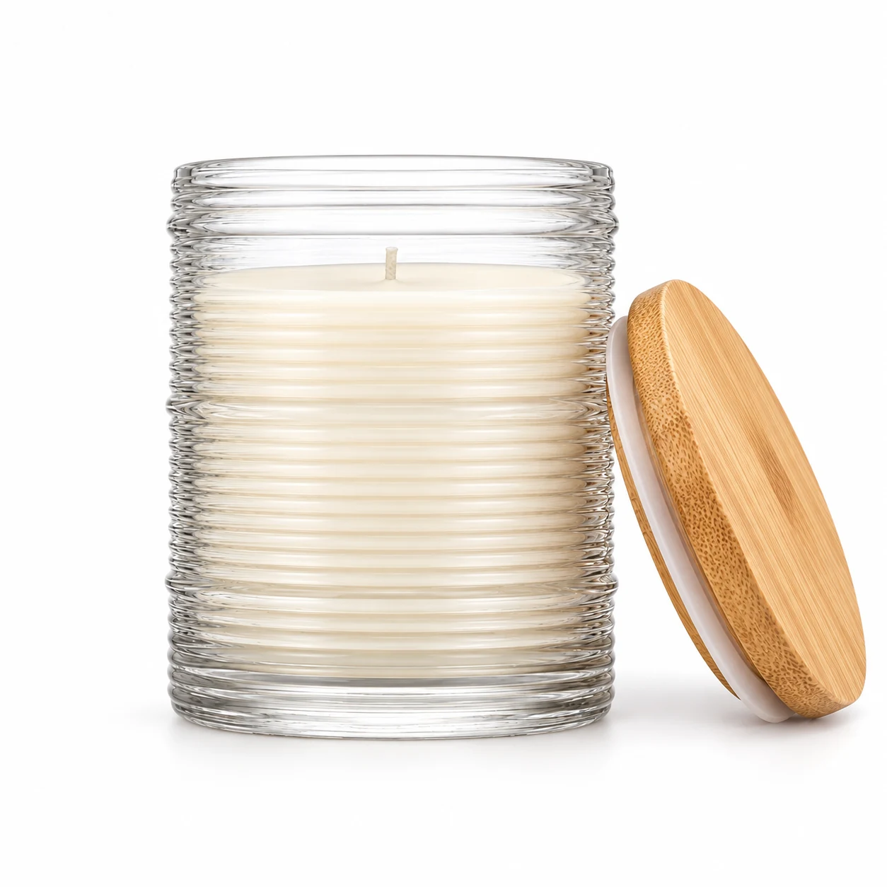 Horizontal Ribbed Glass Candle Jar (VSS-CJ-052) — candle application — bamboo lid