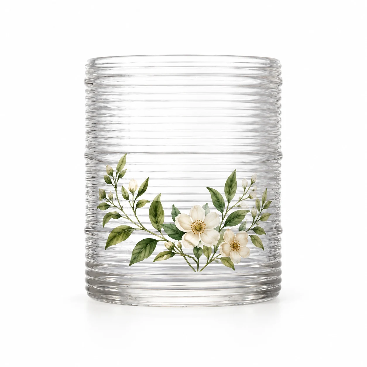 Horizontal Ribbed Glass Candle Jar (VSS-CJ-053) — botanical decal