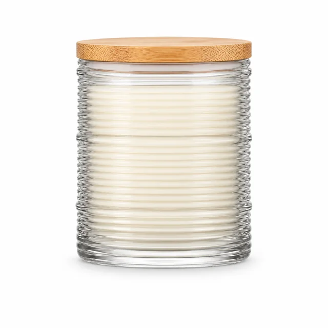 Horizontal Ribbed Glass Candle Jar (VSS-CJ-053) — bamboo lid — filled-candle reference