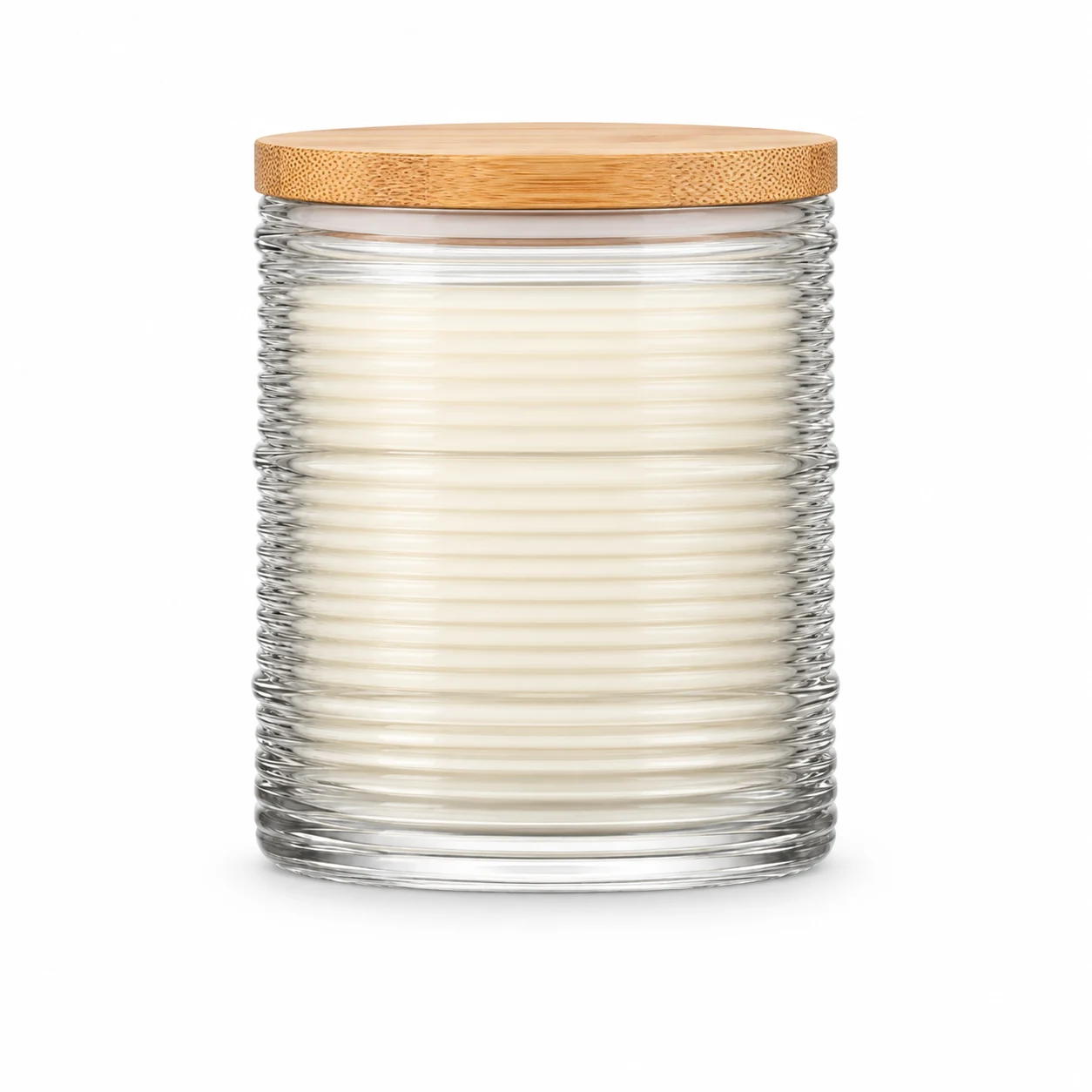Horizontal Ribbed Glass Candle Jar (VSS-CJ-053) — bamboo lid — filled-candle reference