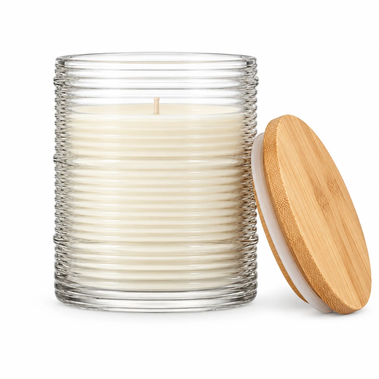 Horizontal Ribbed Glass Candle Jar (VSS-CJ-053) — candle application — bamboo lid