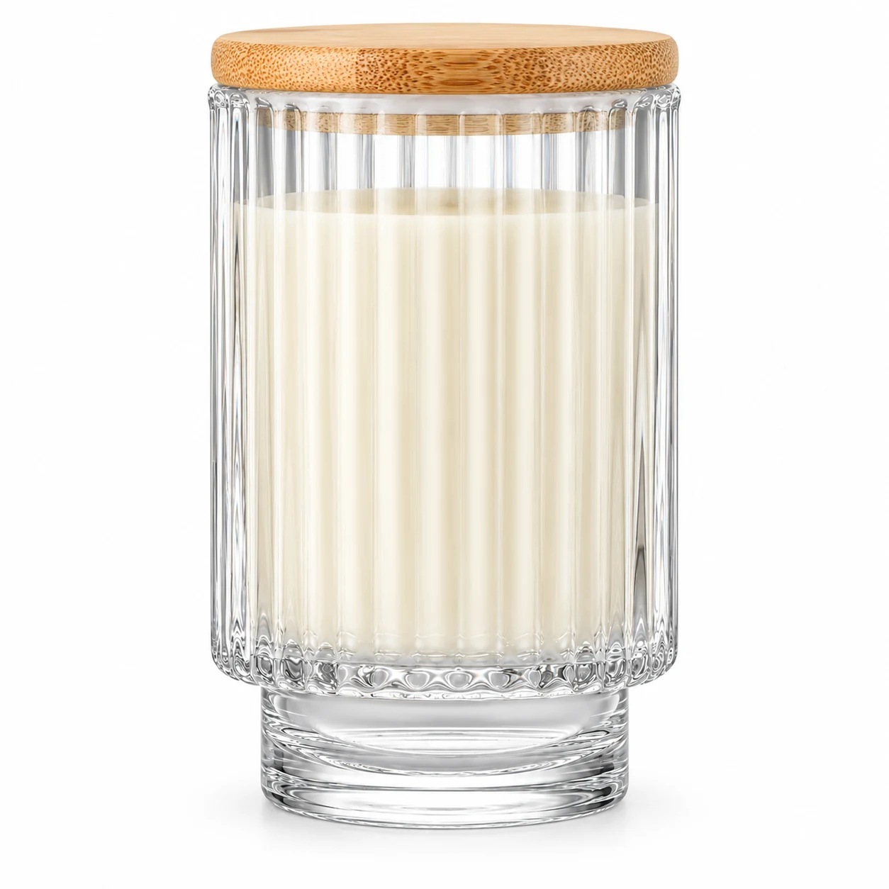 450ml Fluted Pedestal Glass Candle Jar - VSS-CJ-054 — candle application — bamboo lid closed