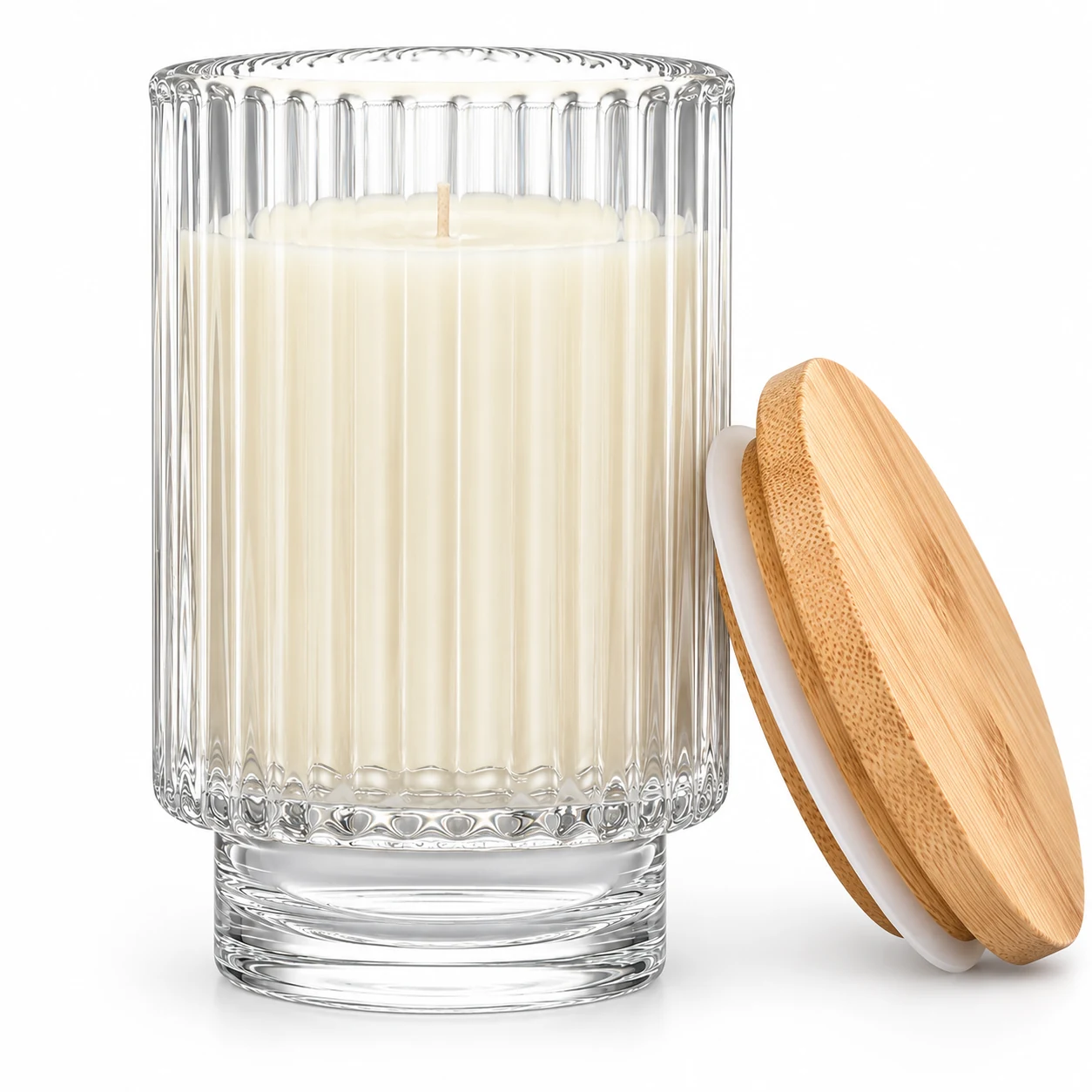 450ml Fluted Pedestal Glass Candle Jar - VSS-CJ-054 — candle application — bamboo lid