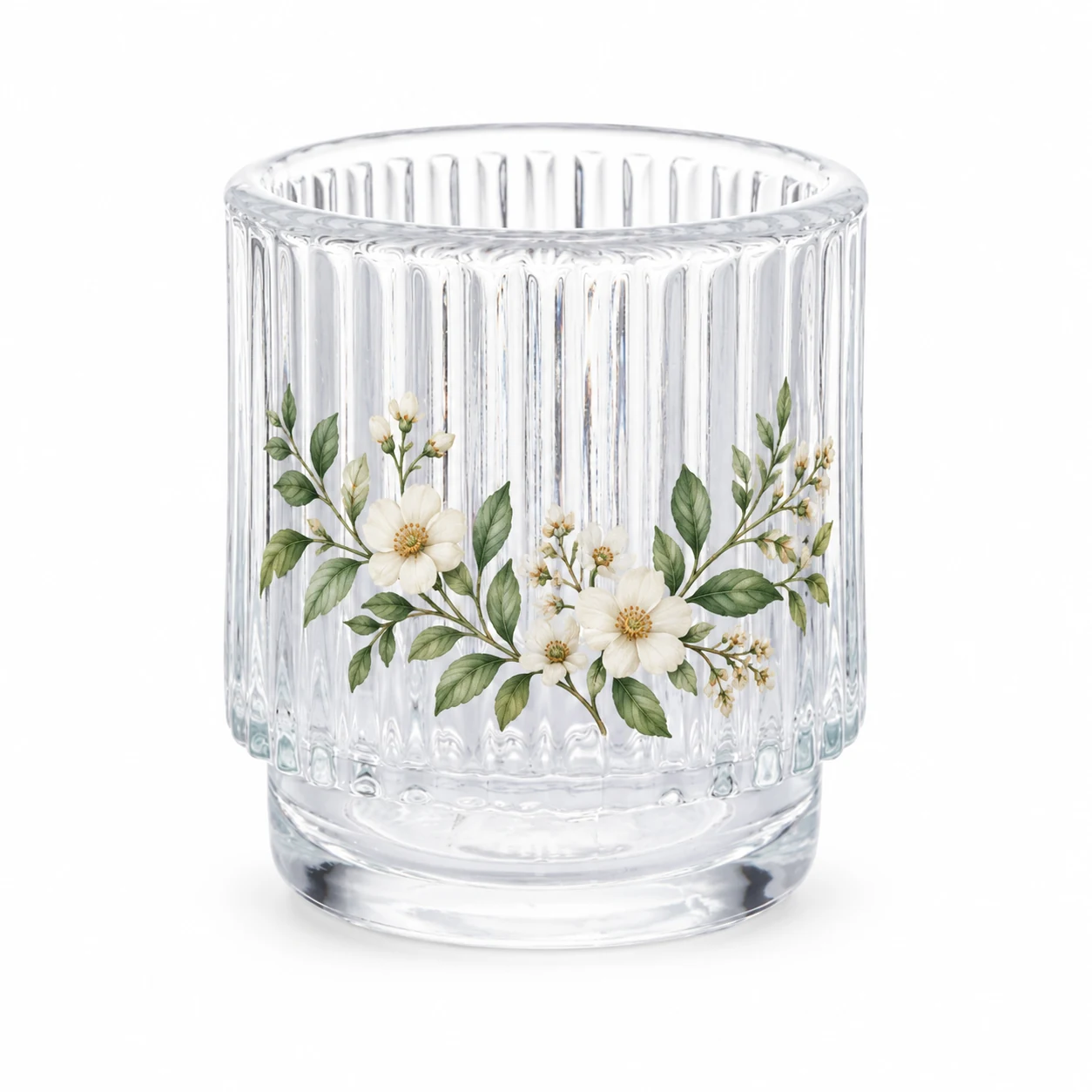 Fluted Pedestal Glass Candle Jar (VSS-CJ-055) — botanical decal