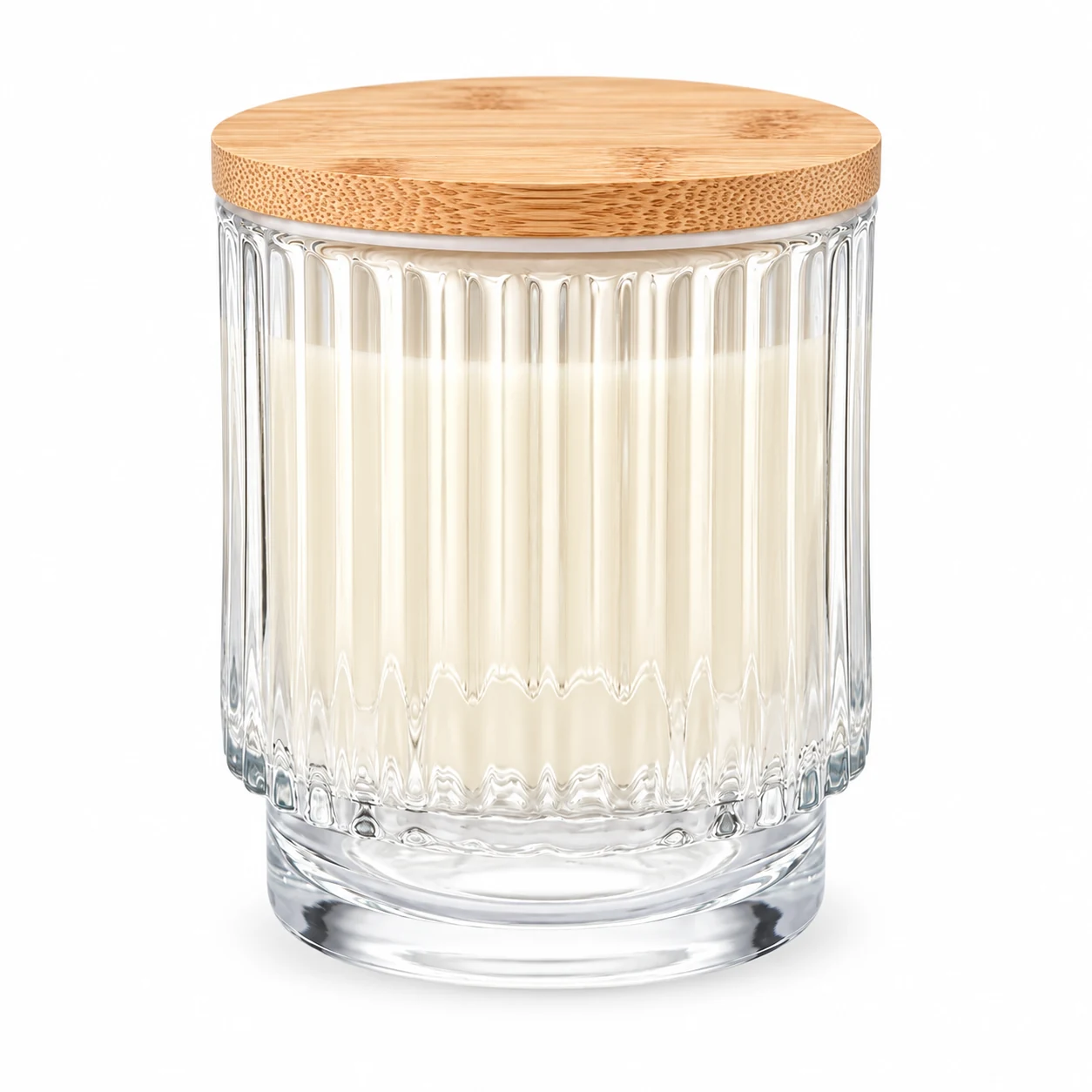 Fluted Pedestal Glass Candle Jar (VSS-CJ-055) — bamboo lid — filled-candle reference