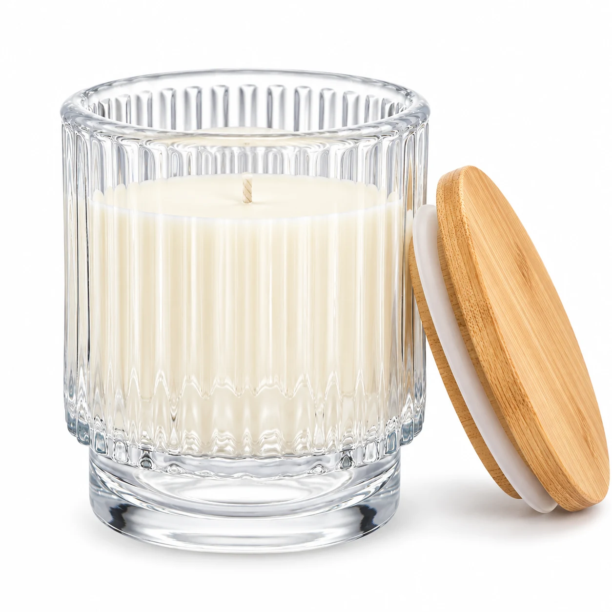 Fluted Pedestal Glass Candle Jar (VSS-CJ-055) — candle application — bamboo lid