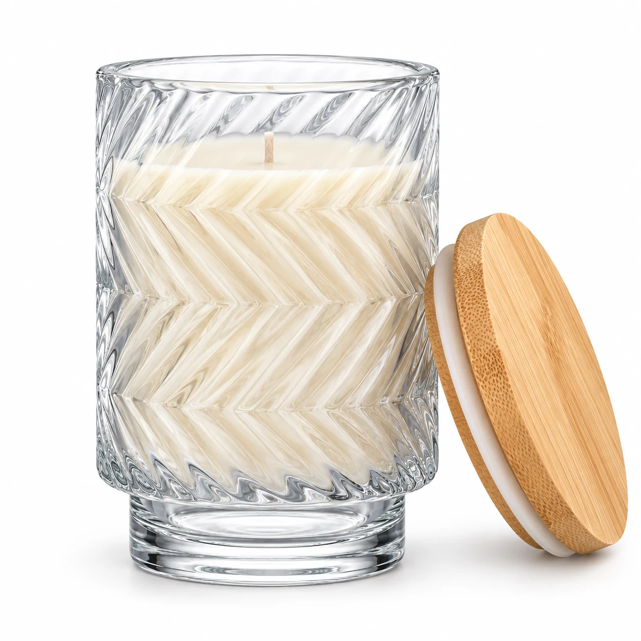 450ml Chevron Pedestal Glass Candle Jar - VSS-CJ-056 — candle application — bamboo lid