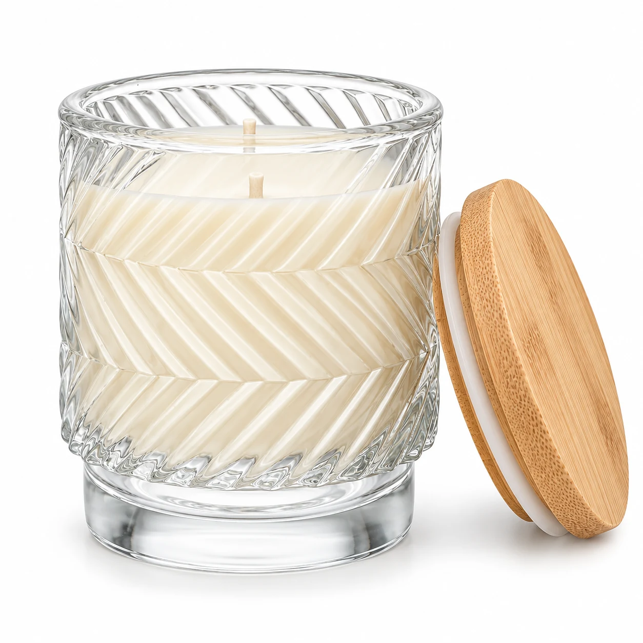180ml Chevron Pedestal Glass Candle Jar - VSS-CJ-057 — candle application — bamboo lid