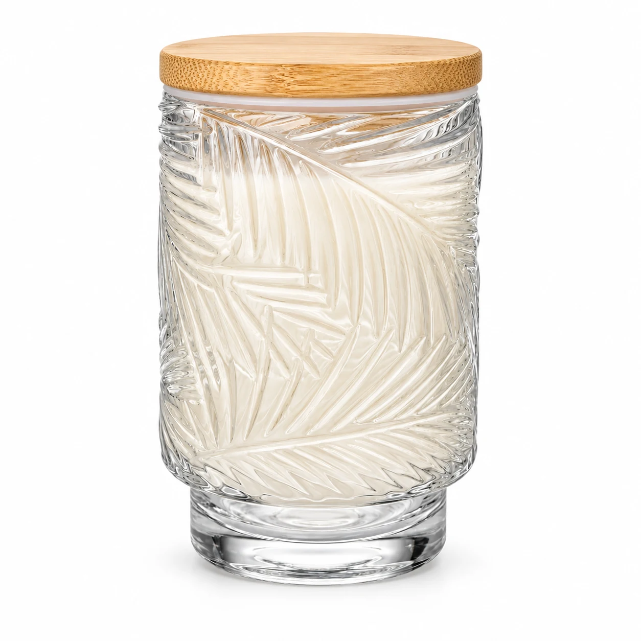 450ml Leaf-Pattern Pedestal Glass Candle Jar - VSS-CJ-058 — candle application — bamboo lid closed