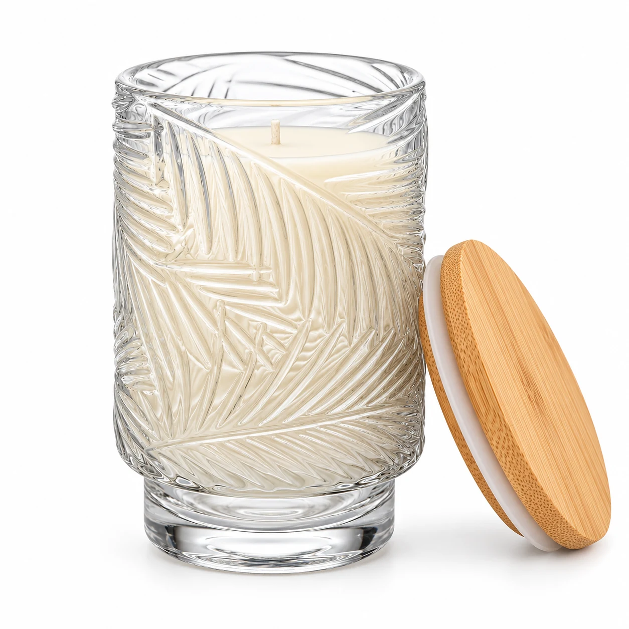 450ml Leaf-Pattern Pedestal Glass Candle Jar - VSS-CJ-058 — candle application — bamboo lid