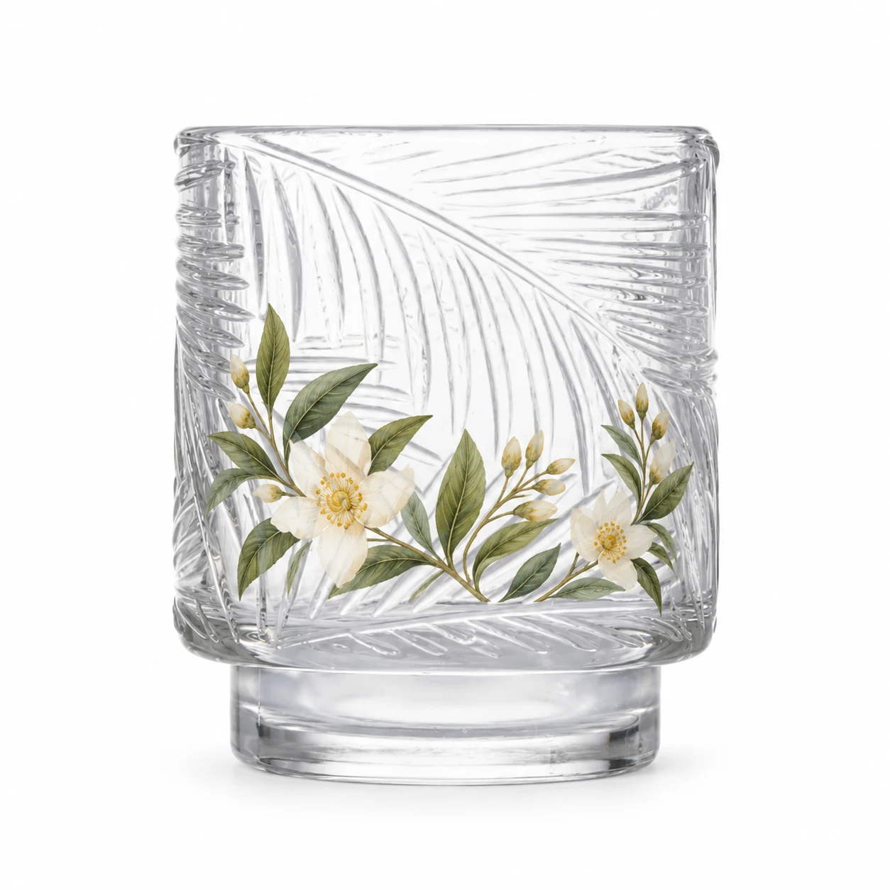180ml Leaf-Pattern Pedestal Glass Candle Jar - VSS-CJ-059 — botanical decal