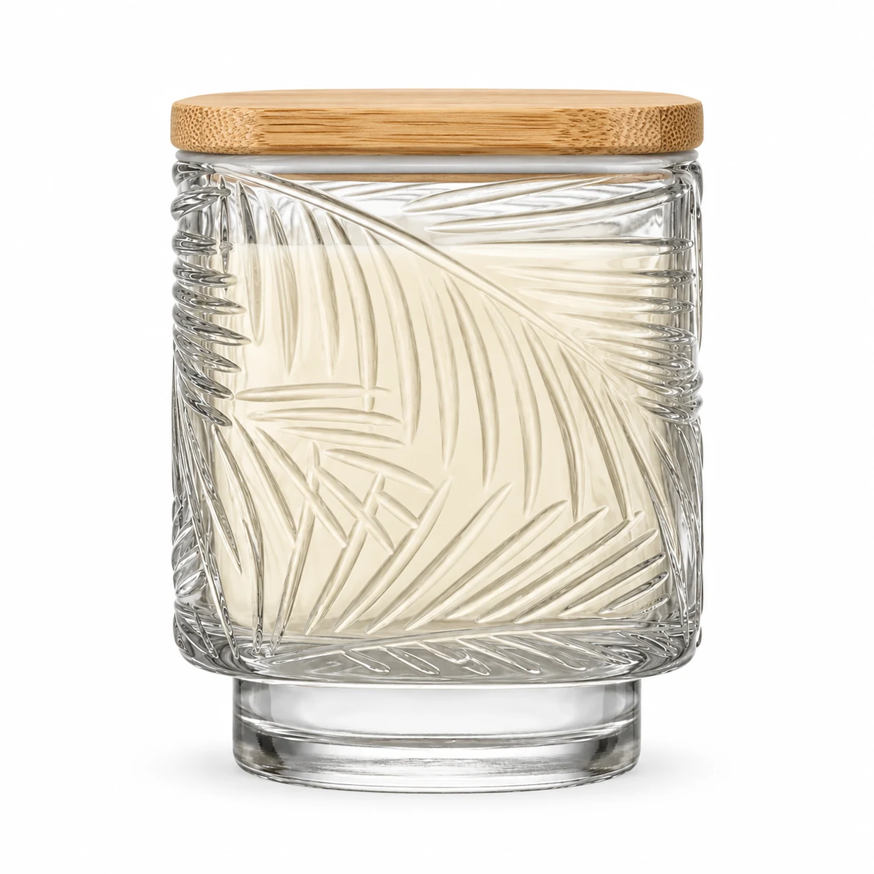 180ml Leaf-Pattern Pedestal Glass Candle Jar - VSS-CJ-059 — candle application — bamboo lid closed