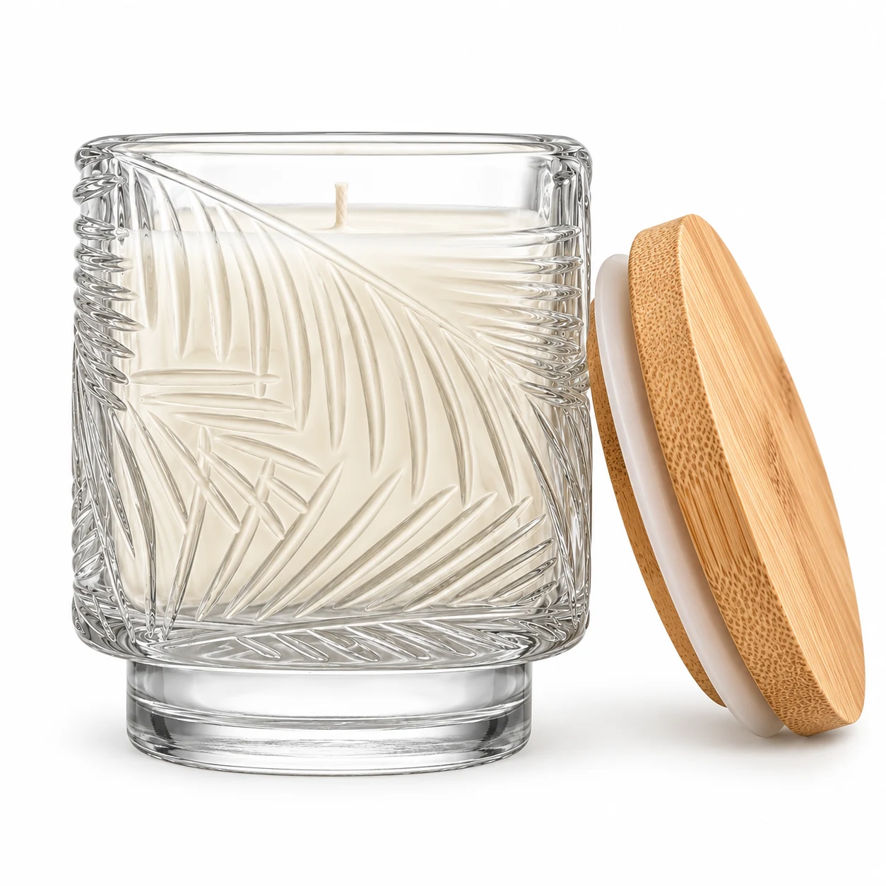 180ml Leaf-Pattern Pedestal Glass Candle Jar - VSS-CJ-059 — candle application — bamboo lid