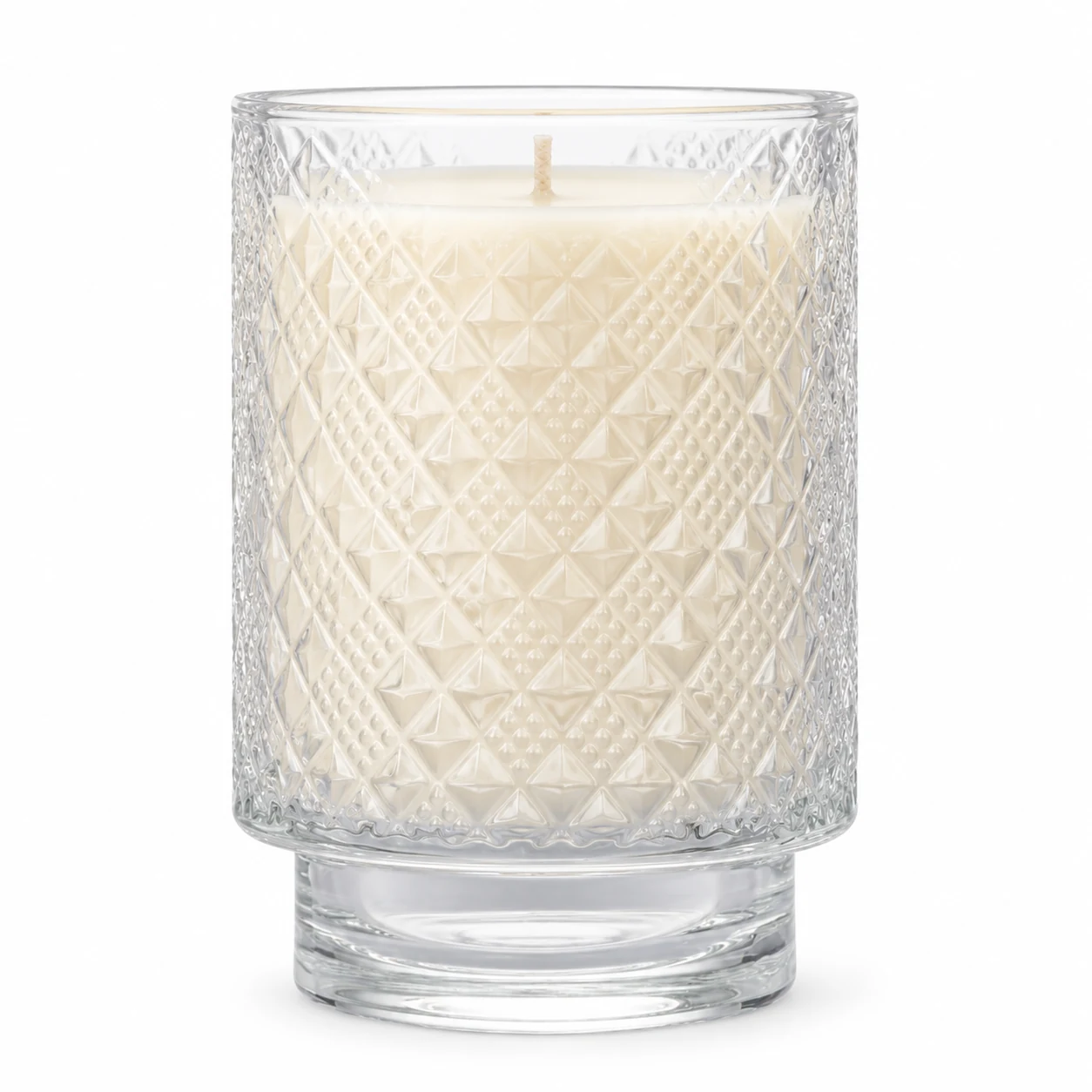 Diamond-Pattern Pedestal Glass Candle Jar (VSS-CJ-060) — clear wax