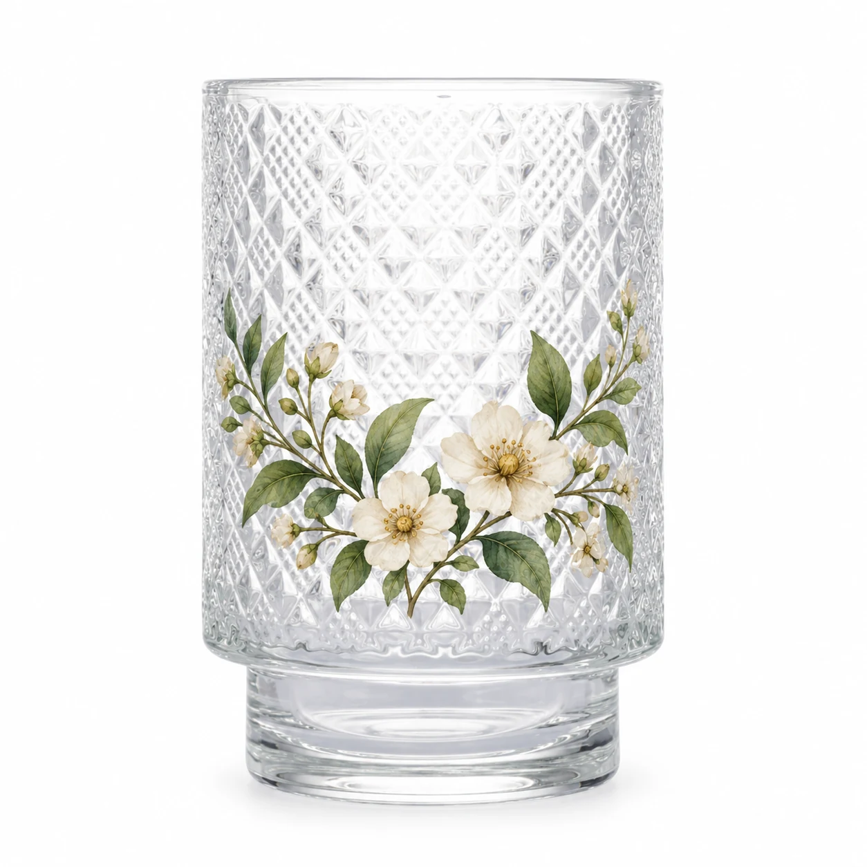 Diamond-Pattern Pedestal Glass Candle Jar (VSS-CJ-060) — botanical decal