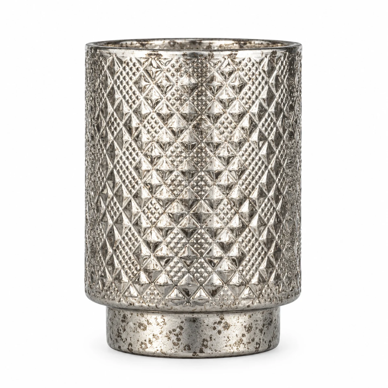 Diamond-Pattern Pedestal Glass Candle Jar (VSS-CJ-060) — silver corroded