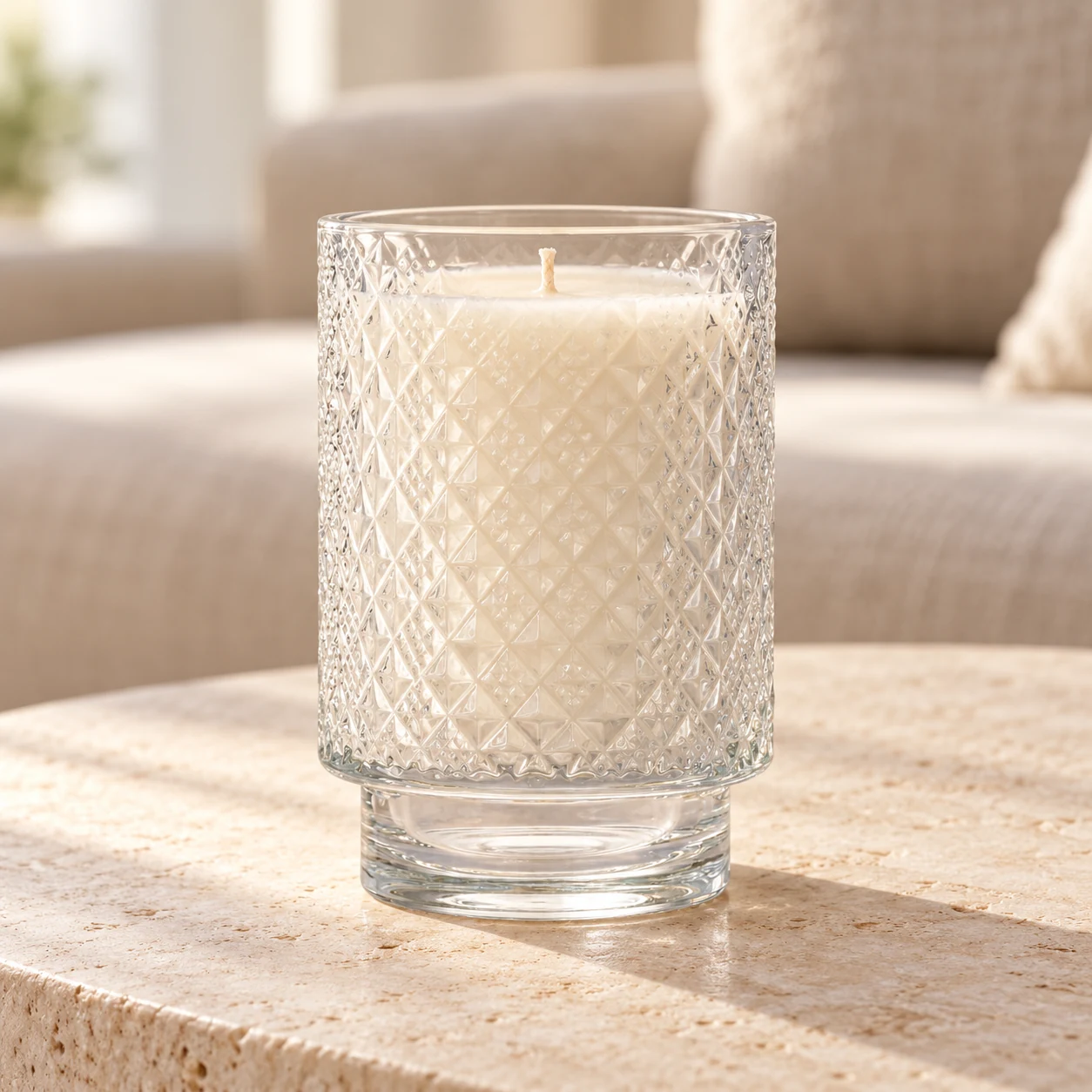 Diamond-Pattern Pedestal Glass Candle Jar (VSS-CJ-060) — lifestyle 01