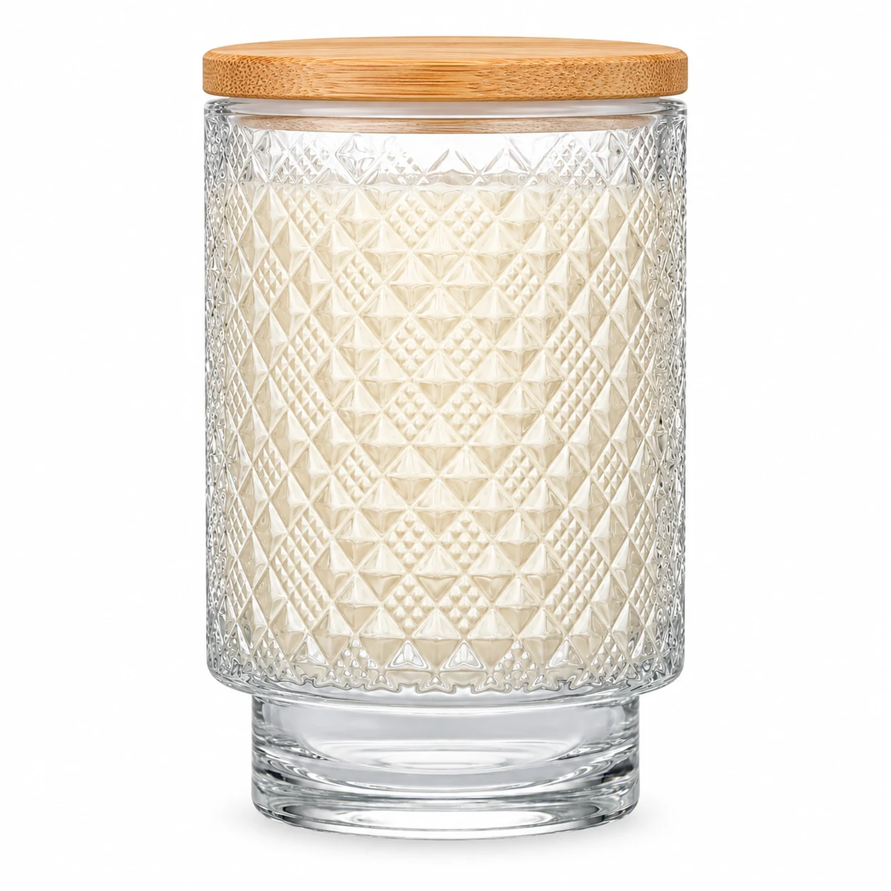 Diamond-Pattern Pedestal Glass Candle Jar (VSS-CJ-060) — candle application — bamboo lid closed