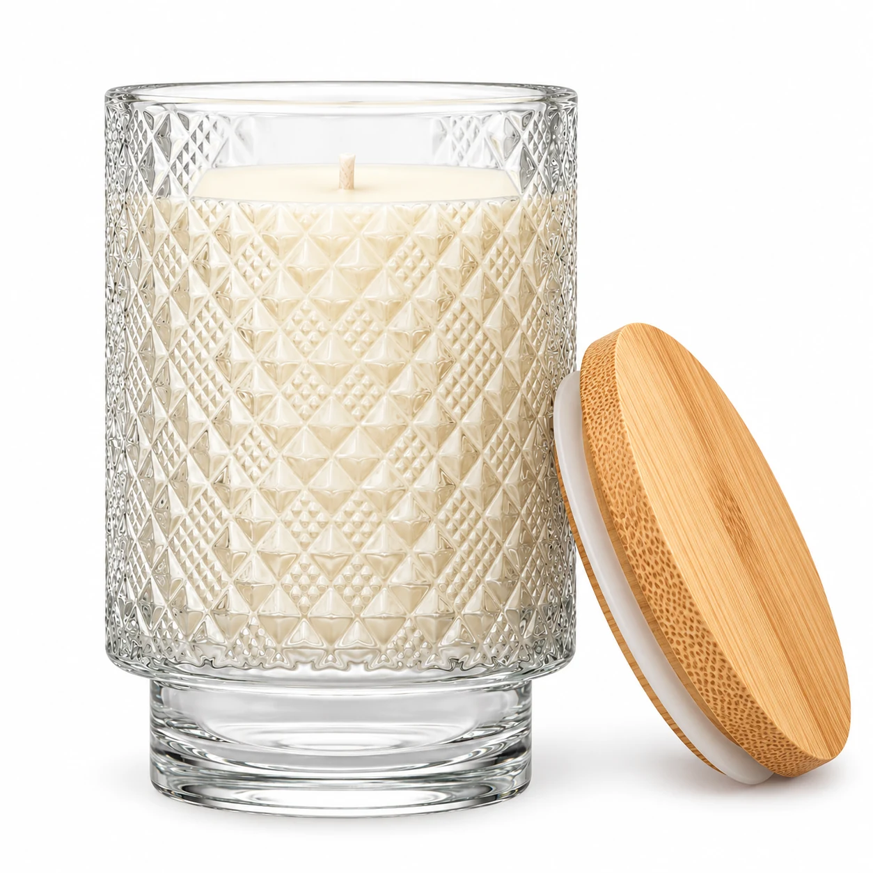 Diamond-Pattern Pedestal Glass Candle Jar (VSS-CJ-060) — candle application — bamboo lid