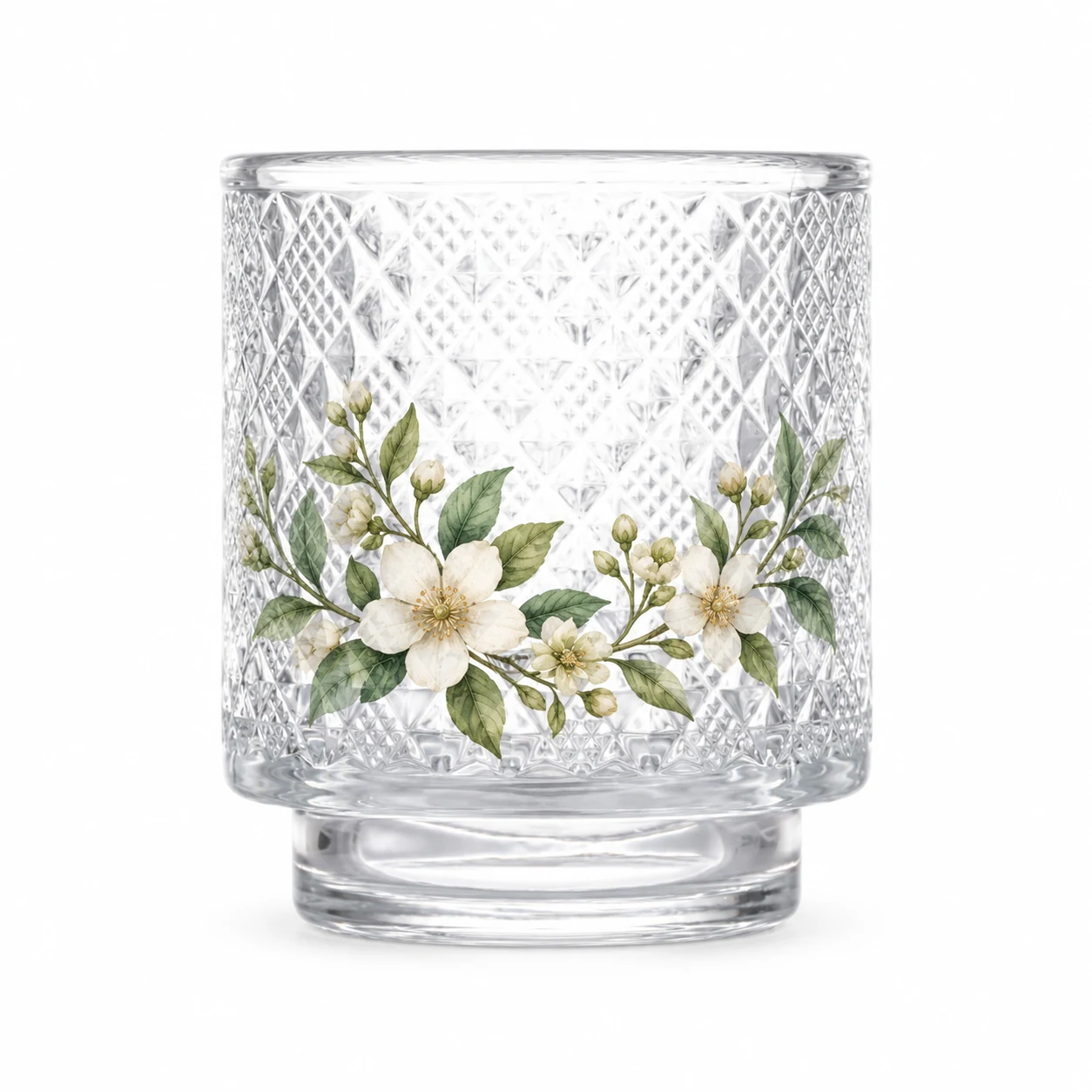 Diamond-Pattern Pedestal Glass Candle Jar (VSS-CJ-061) — botanical decal