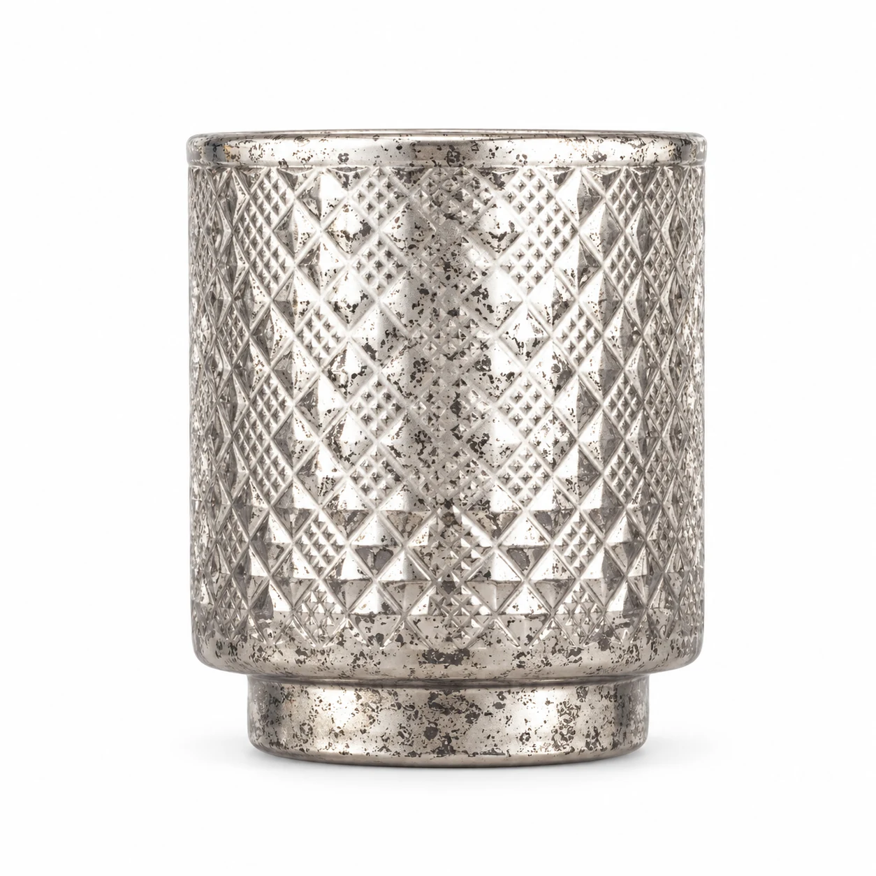 Diamond-Pattern Pedestal Glass Candle Jar (VSS-CJ-061) — silver corroded