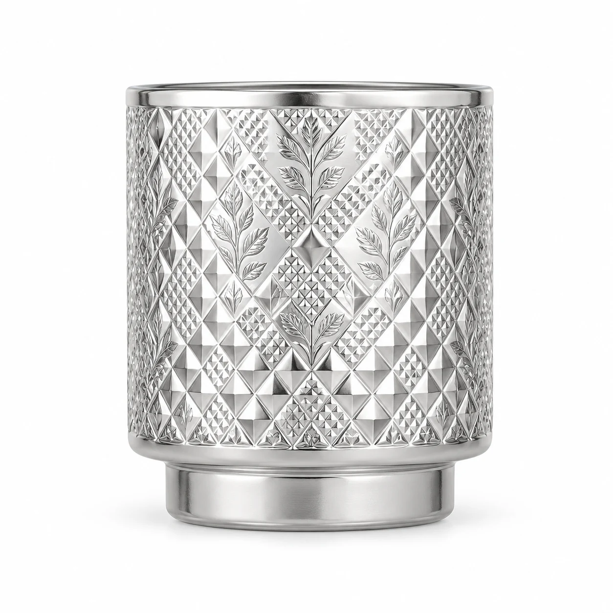 Diamond-Pattern Pedestal Glass Candle Jar (VSS-CJ-061) — silver engraved