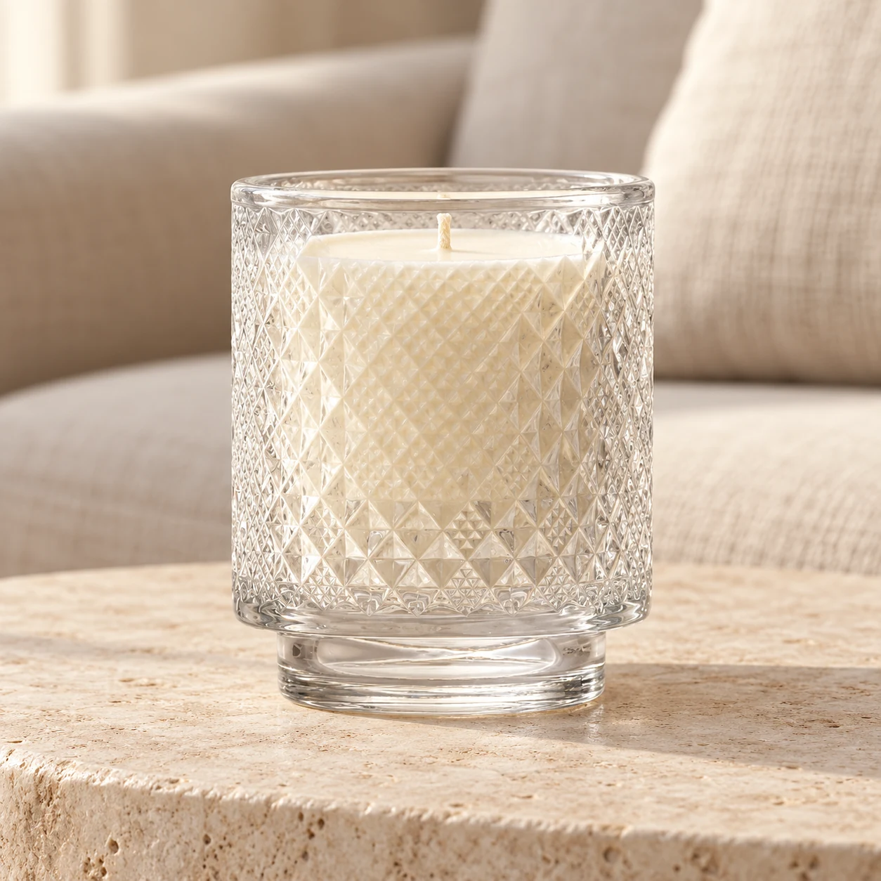 Diamond-Pattern Pedestal Glass Candle Jar (VSS-CJ-061) — lifestyle 01