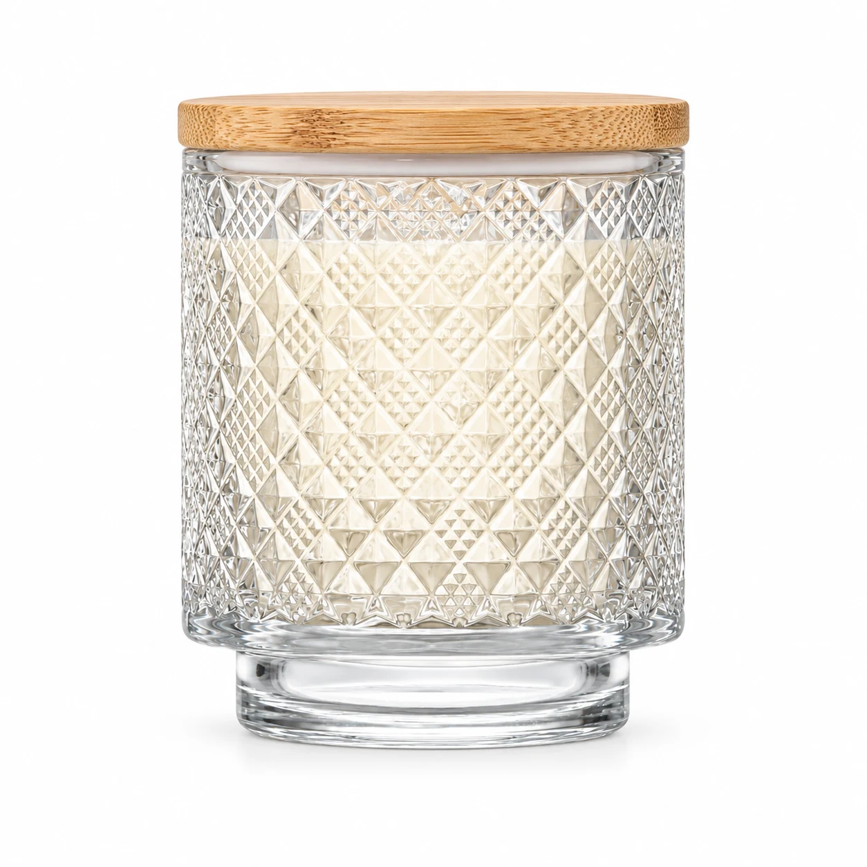 Diamond-Pattern Pedestal Glass Candle Jar (VSS-CJ-061) — candle application — bamboo lid closed