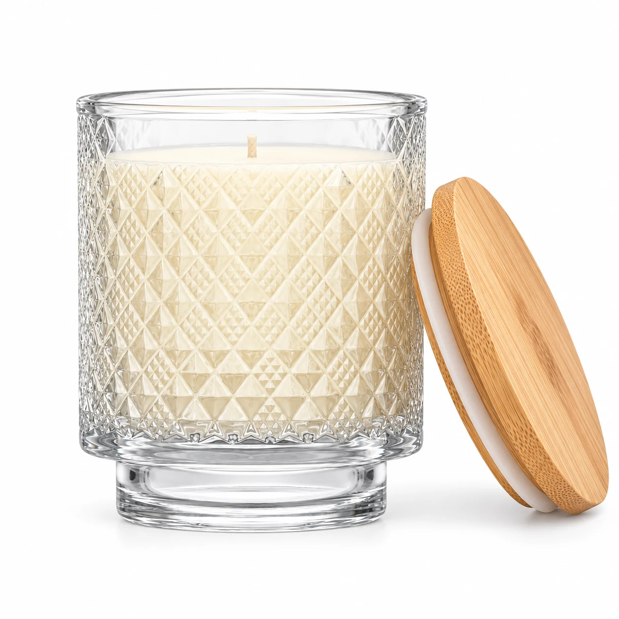 Diamond-Pattern Pedestal Glass Candle Jar (VSS-CJ-061) — candle application — bamboo lid