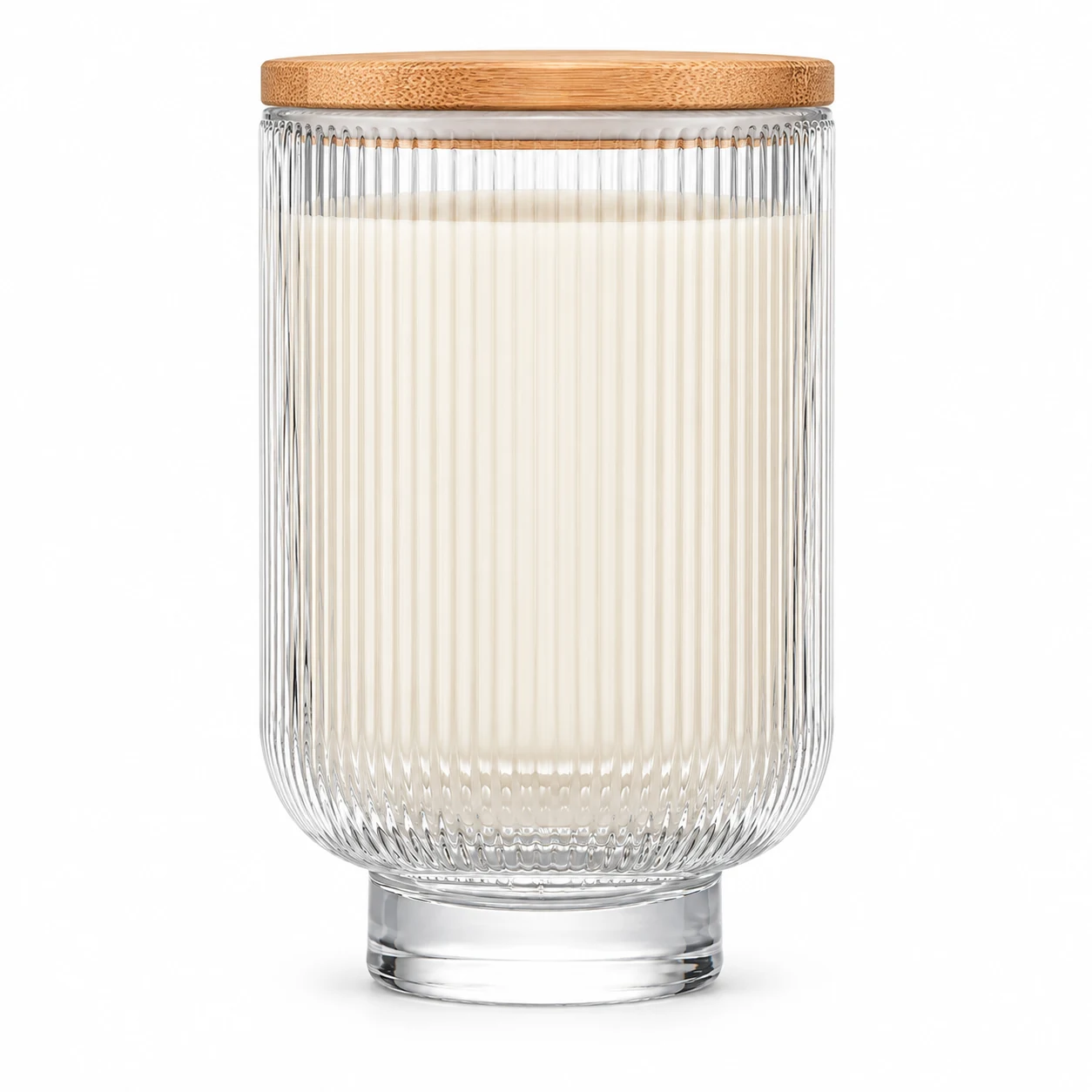 450ml Fine-Ribbed Pedestal Glass Candle Jar - VSS-CJ-062 — candle application — bamboo lid closed