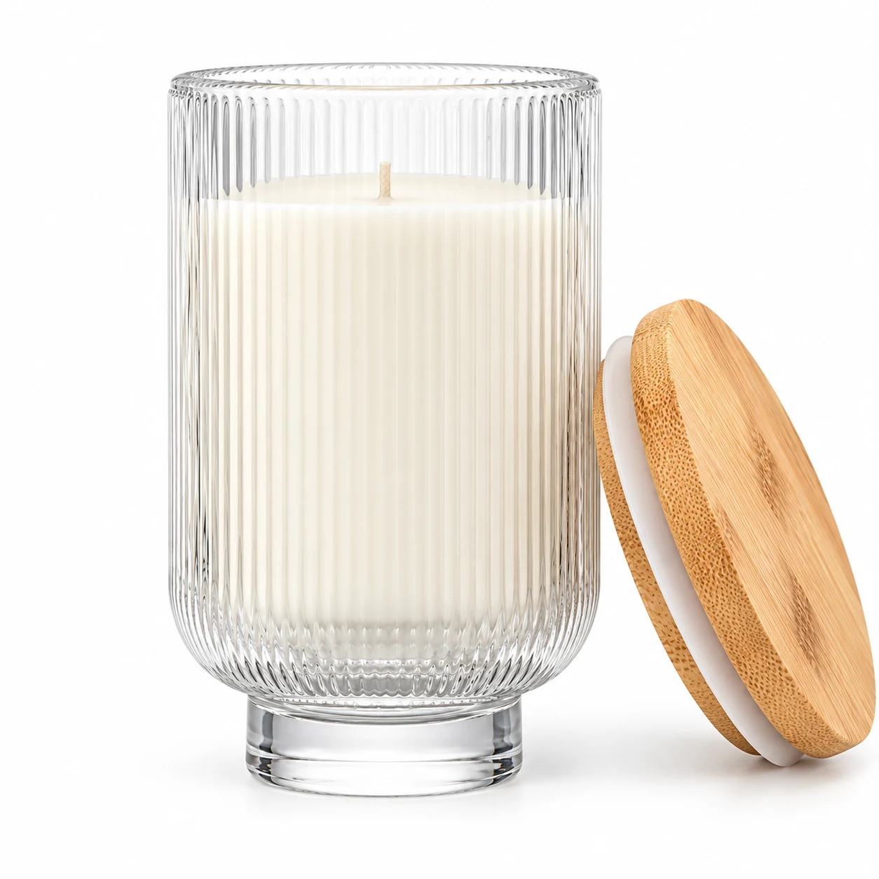450ml Fine-Ribbed Pedestal Glass Candle Jar - VSS-CJ-062 — candle application — bamboo lid