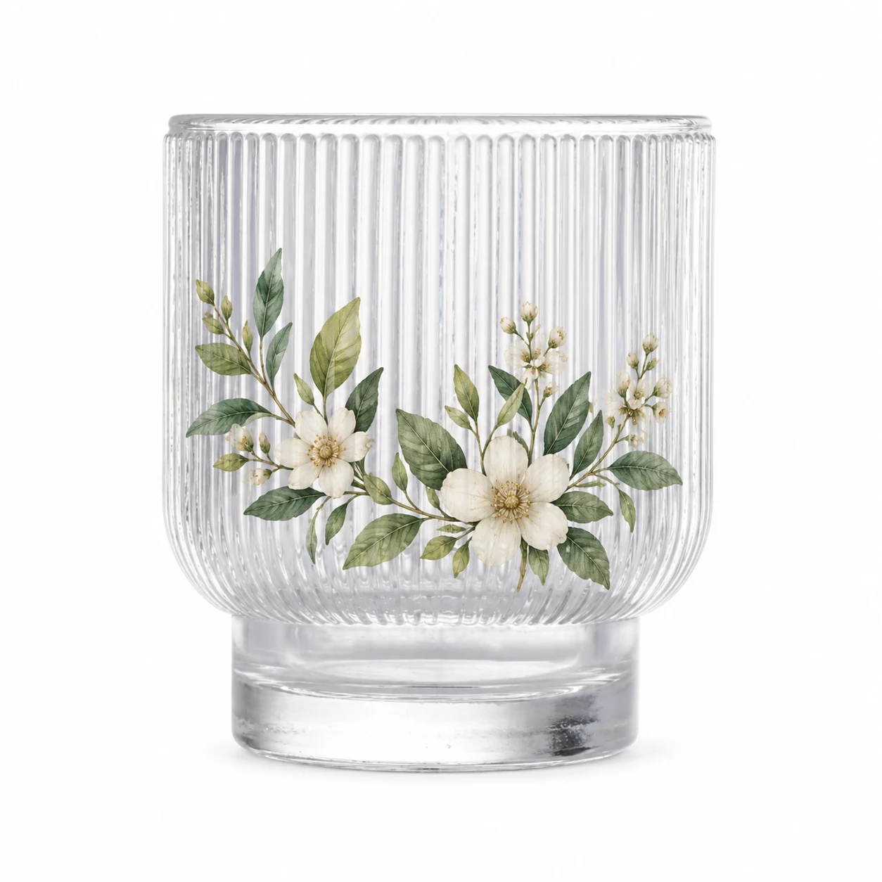 180ml Fine-Ribbed Pedestal Glass Candle Jar - VSS-CJ-063 — botanical decal