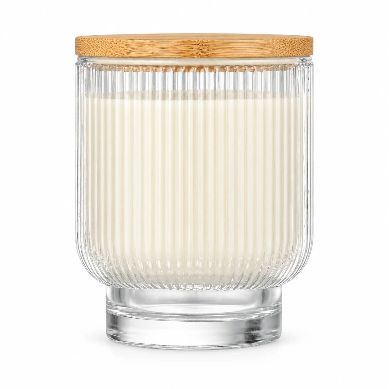 180ml Fine-Ribbed Pedestal Glass Candle Jar - VSS-CJ-063 — candle application — bamboo lid closed