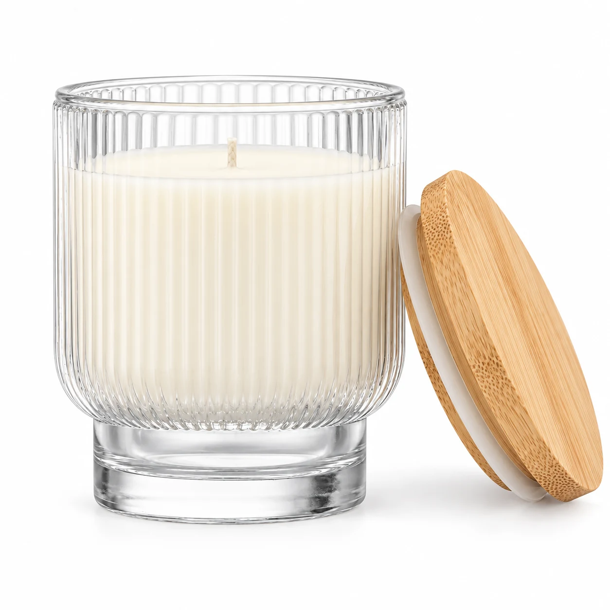 180ml Fine-Ribbed Pedestal Glass Candle Jar - VSS-CJ-063 — candle application — bamboo lid