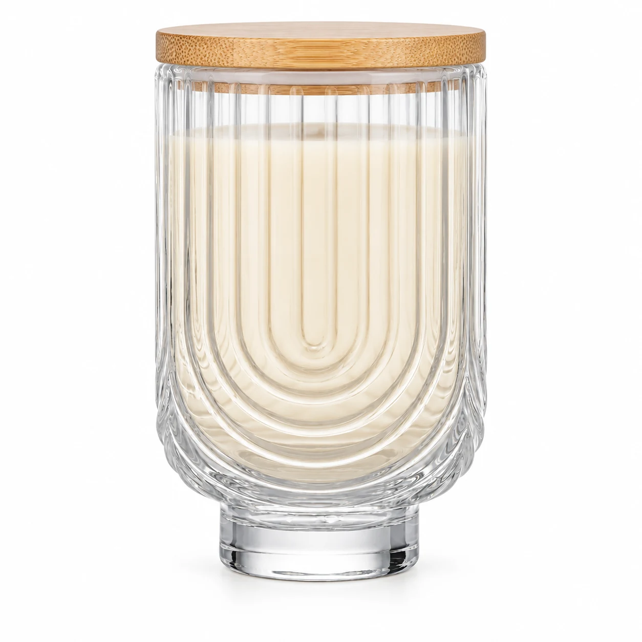 450ml Arch-Pattern Pedestal Glass Candle Jar - VSS-CJ-064 — candle application — bamboo lid closed