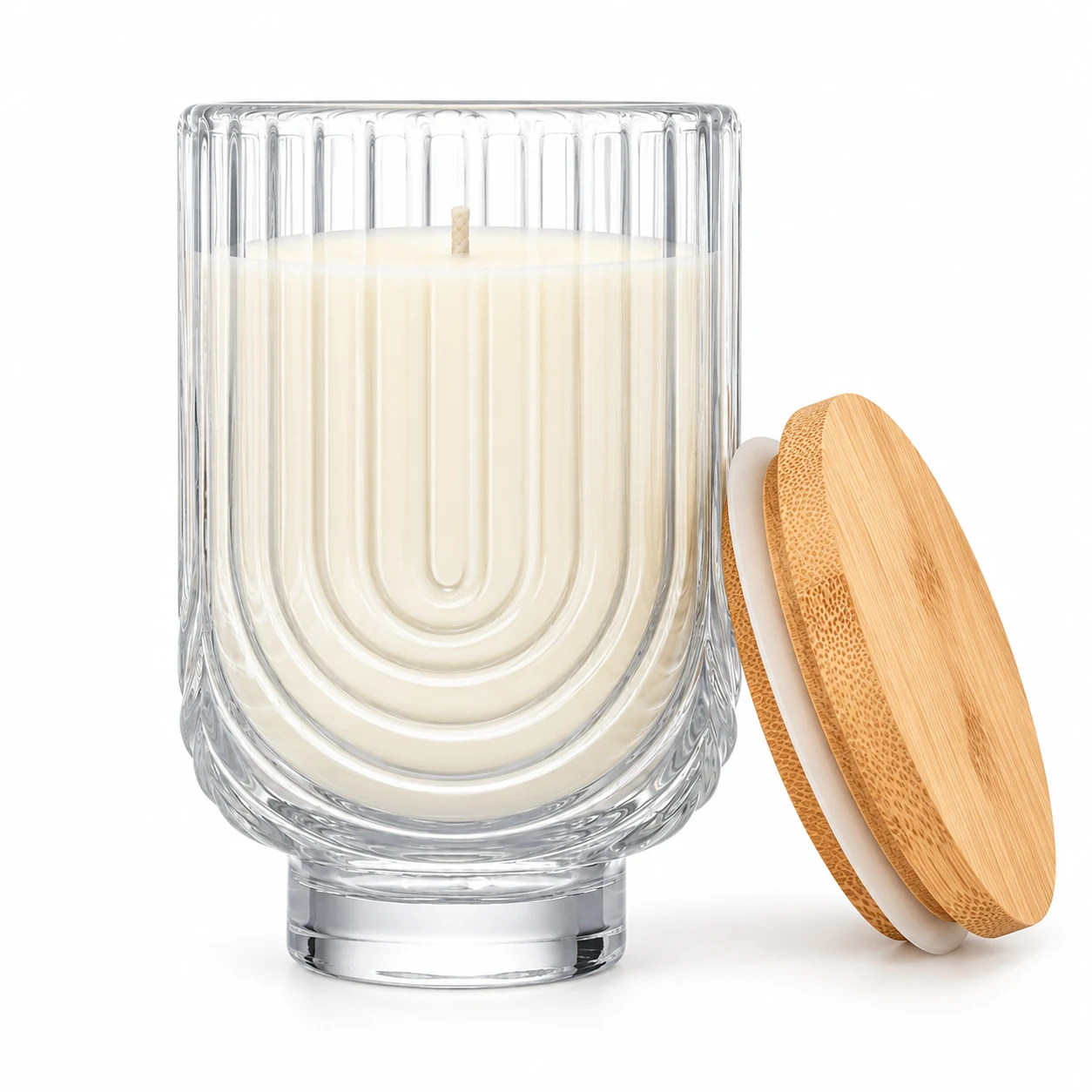 450ml Arch-Pattern Pedestal Glass Candle Jar - VSS-CJ-064 — candle application — bamboo lid