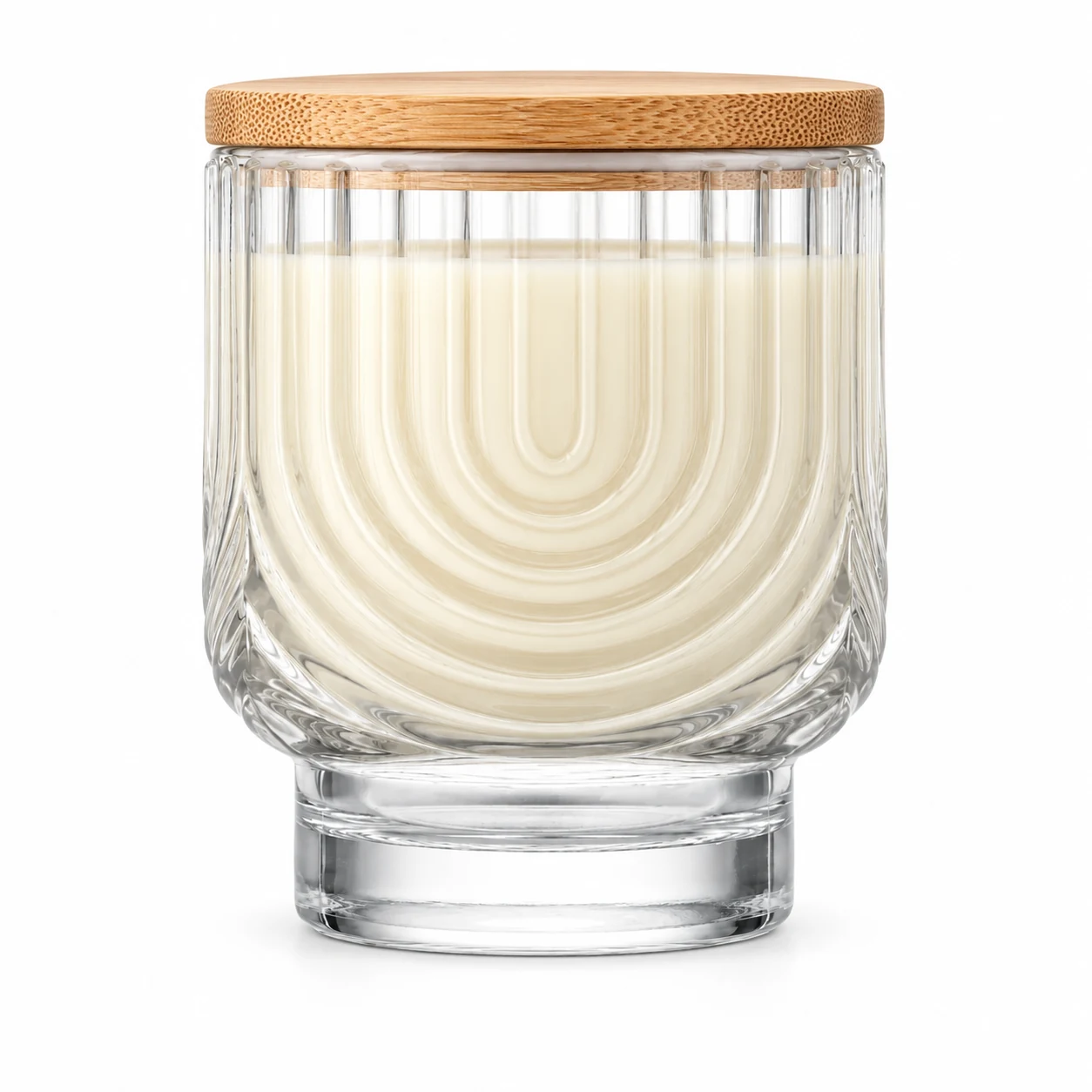 180ml Arch-Pattern Pedestal Glass Candle Jar - VSS-CJ-065 — candle application — bamboo lid closed