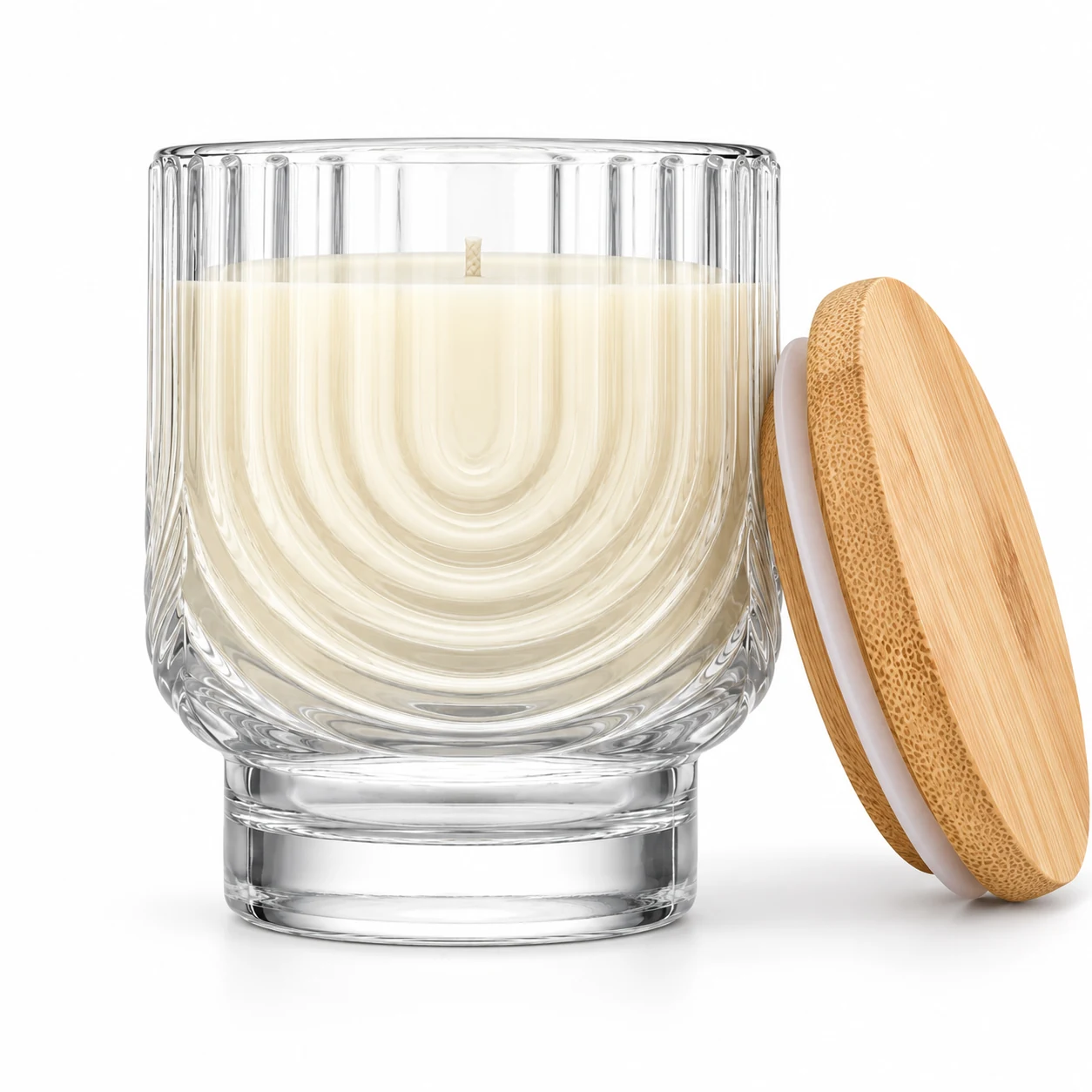 180ml Arch-Pattern Pedestal Glass Candle Jar - VSS-CJ-065 — candle application — bamboo lid