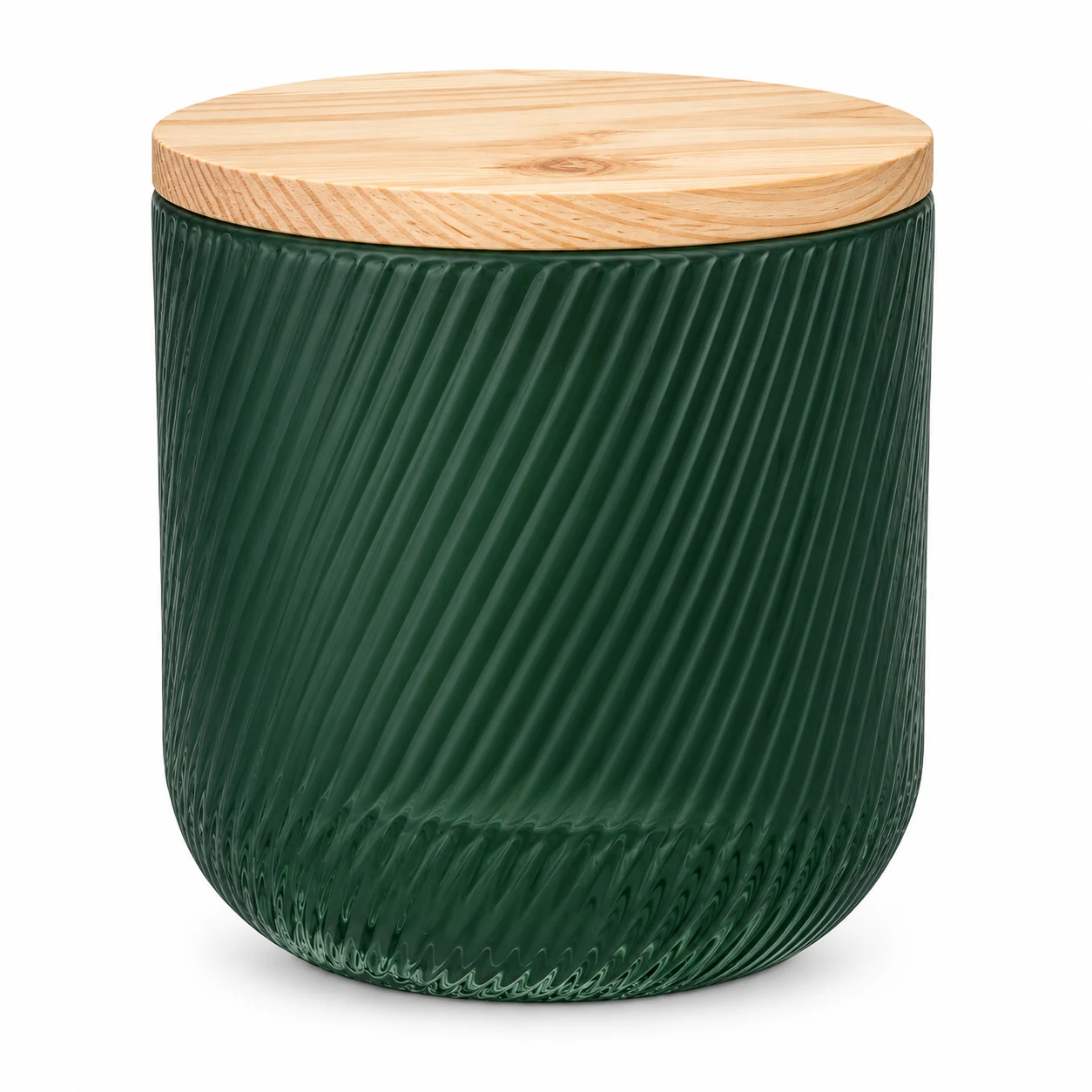Spiral-Ribbed Glass Candle Jar (VSS-CJ-066) — candle application — frosted green pine lid closed