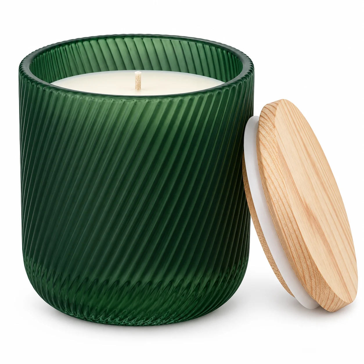 Spiral-Ribbed Glass Candle Jar (VSS-CJ-066) — candle application — frosted green pine lid