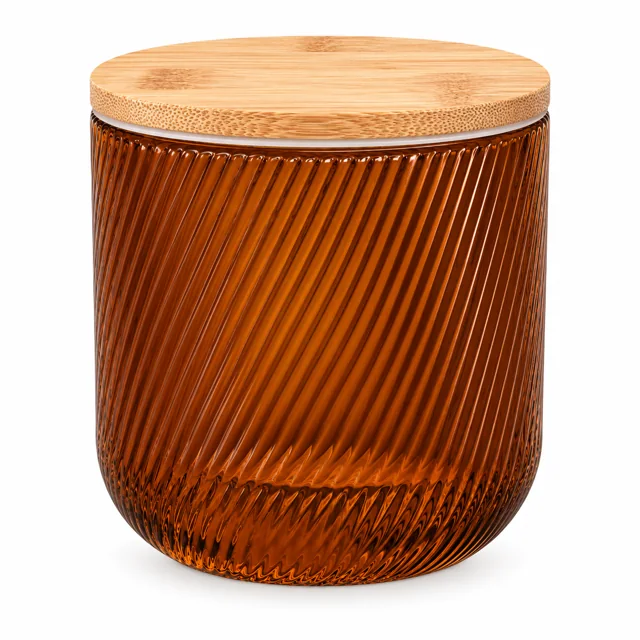 Spiral-Ribbed Glass Candle Jar (VSS-CJ-066) — bamboo lid — filled-candle reference