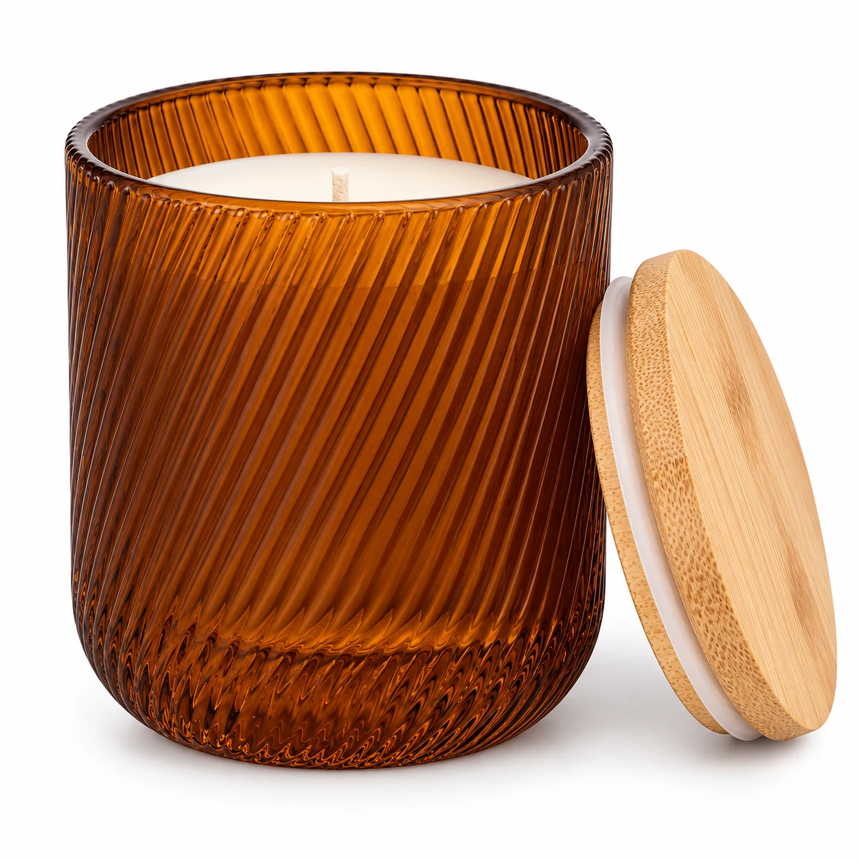 Spiral-Ribbed Glass Candle Jar (VSS-CJ-066) — candle application — glossy amber bamboo lid
