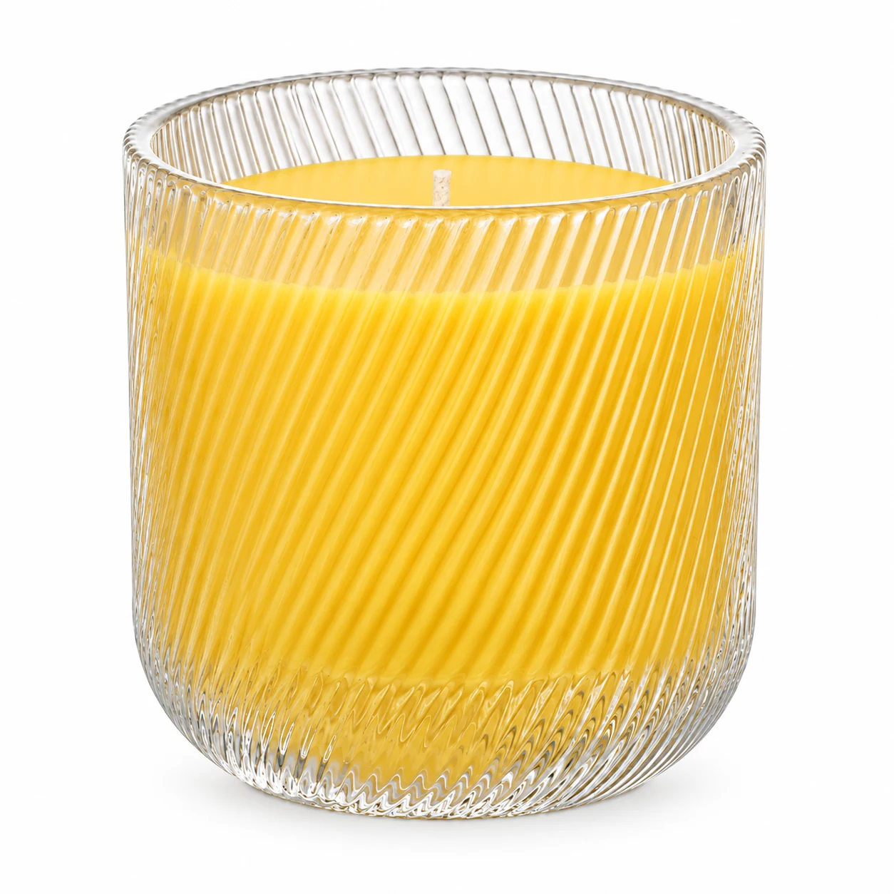 Spiral-Ribbed Glass Candle Jar (VSS-CJ-066) — candle application — yellow wax