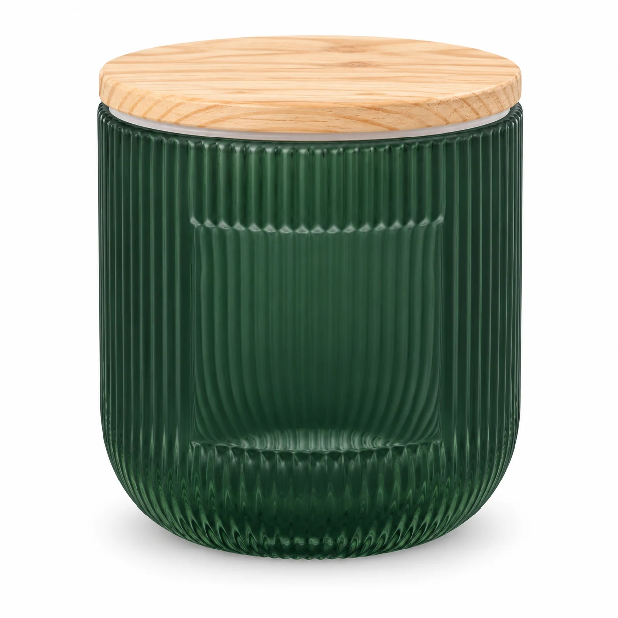 Fine-Ribbed Glass Candle Jar (VSS-CJ-067) — candle application — frosted green pine lid closed