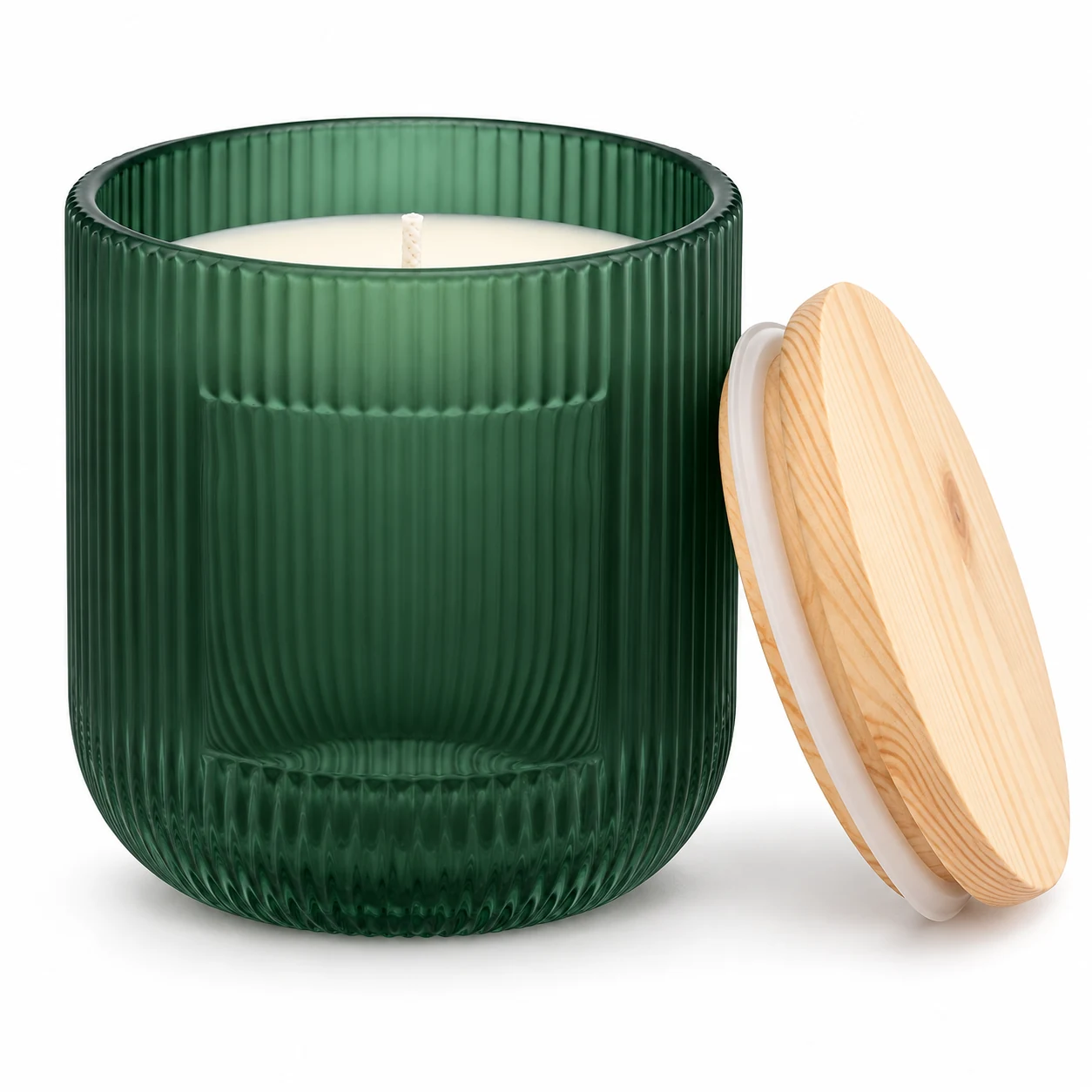 Fine-Ribbed Glass Candle Jar (VSS-CJ-067) — candle application — frosted green pine lid