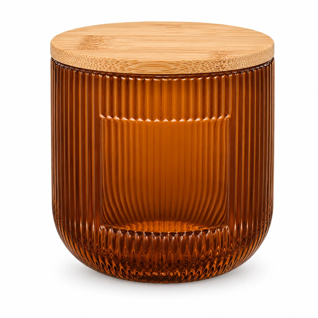 Fine-Ribbed Glass Candle Jar (VSS-CJ-067) — candle application — glossy amber bamboo lid closed