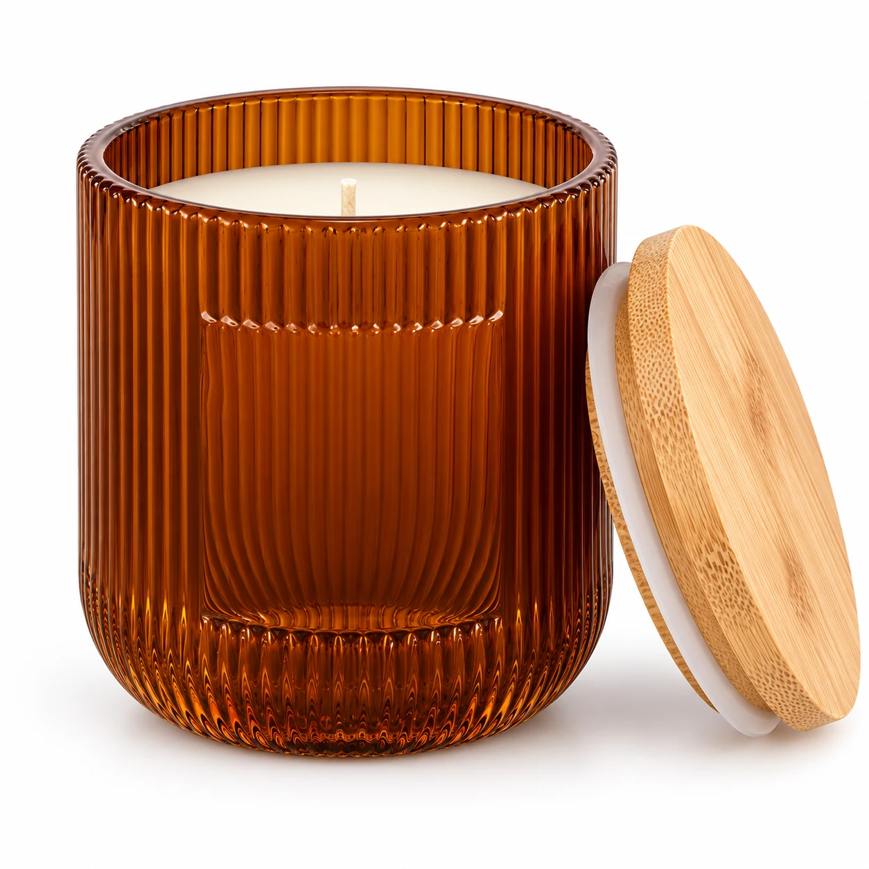 Fine-Ribbed Glass Candle Jar (VSS-CJ-067) — candle application — glossy amber bamboo lid