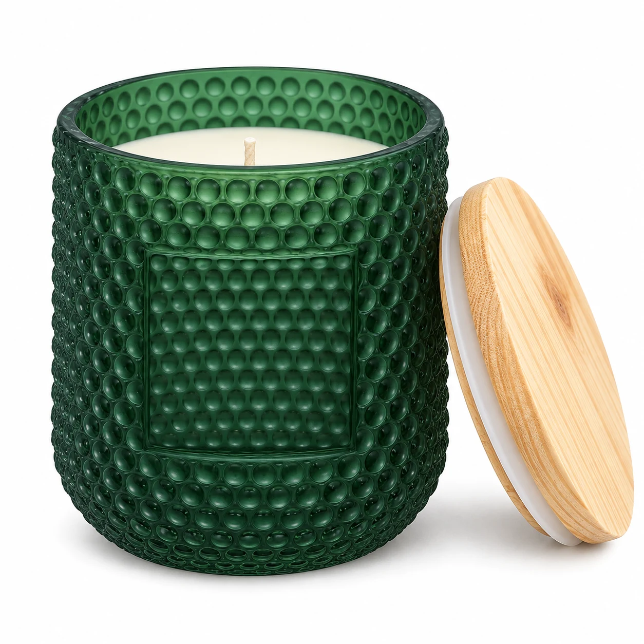 Hobnail Glass Candle Jar (VSS-CJ-068) — candle application — frosted green pine lid