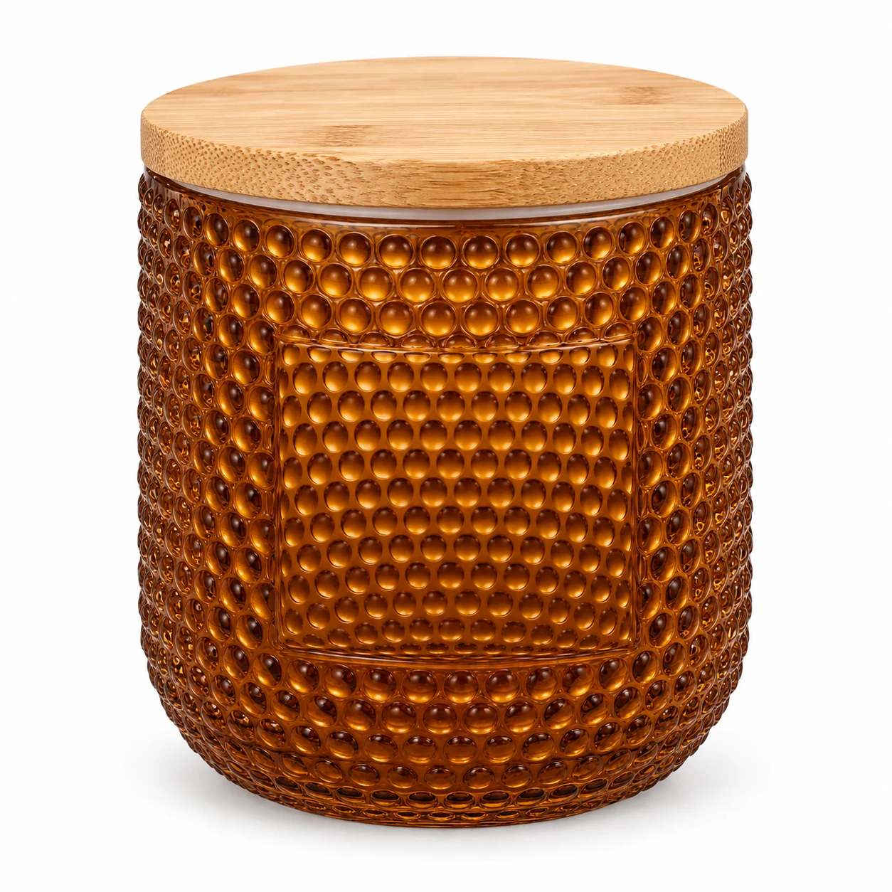 Hobnail Glass Candle Jar (VSS-CJ-068) — candle application — glossy amber bamboo lid closed